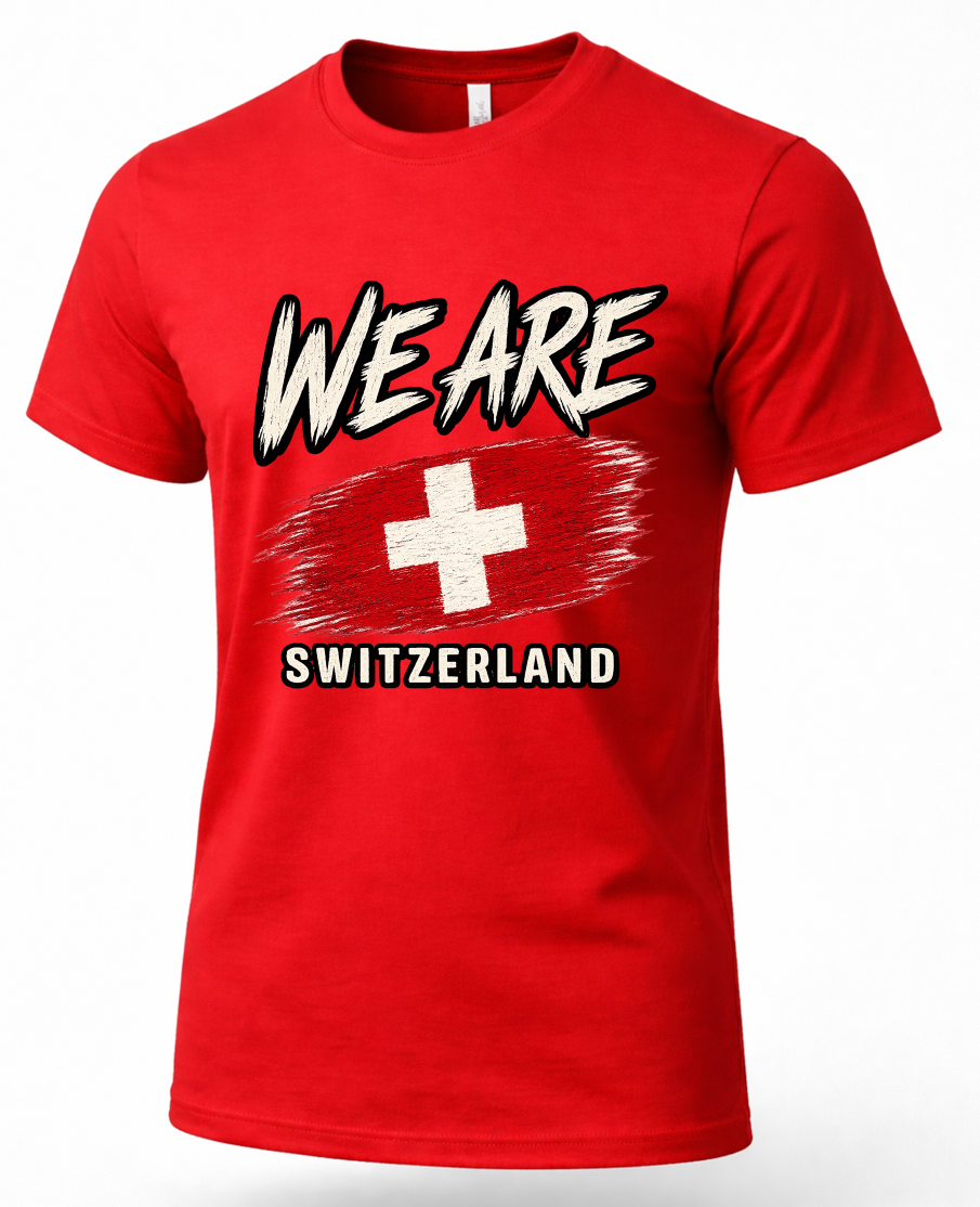 A red short-sleeve crewneck t-shirt featuring a graphic print with the text 'WE ARE' above a stylized Swiss flag and 'SWITZERLAND' below, shown on a plain white background.