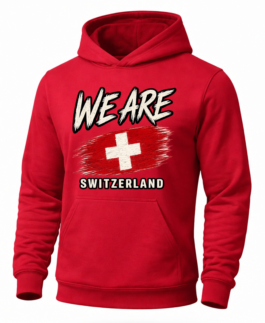 A red pullover hoodie featuring a graphic print on the front with the text 'WE ARE' above a stylized Swiss flag and 'SWITZERLAND' below, shown on a plain white background.