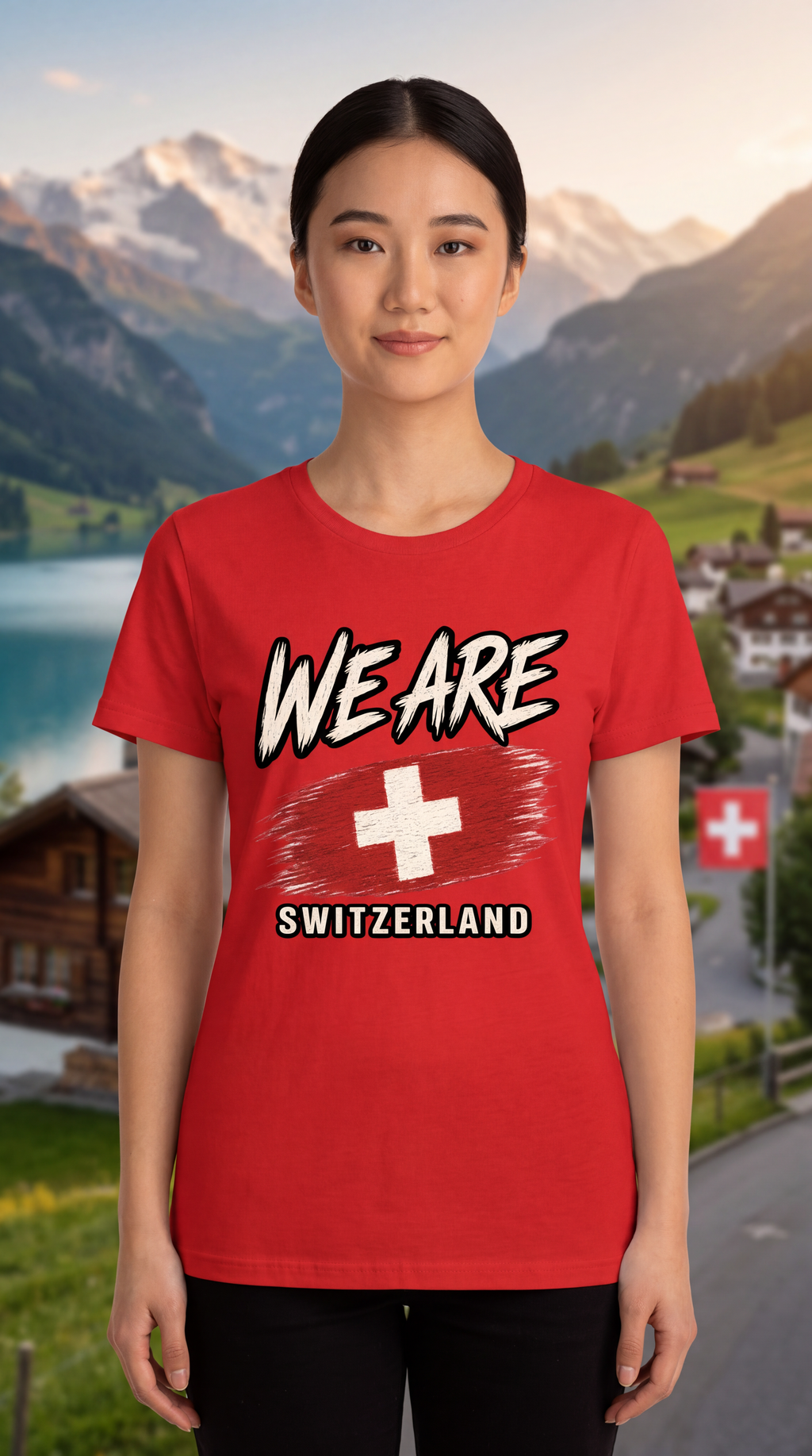 A woman modeling a red graphic t-shirt with 'WE ARE SWITZERLAND' and a Swiss flag design, set against a scenic Swiss mountain and lake background.
