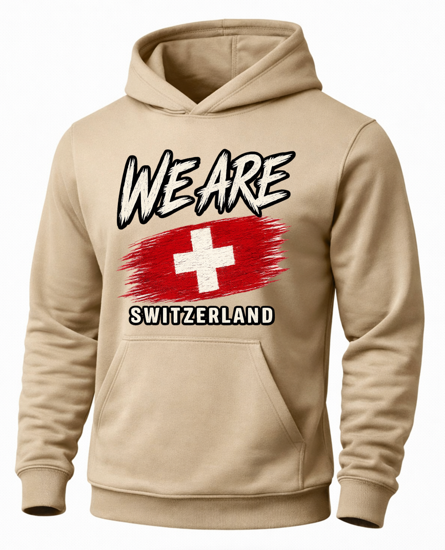 A beige pullover hoodie with a graphic on the chest that reads 'WE ARE' above a red and white Swiss flag design and 'SWITZERLAND' below, shown on a plain white background.