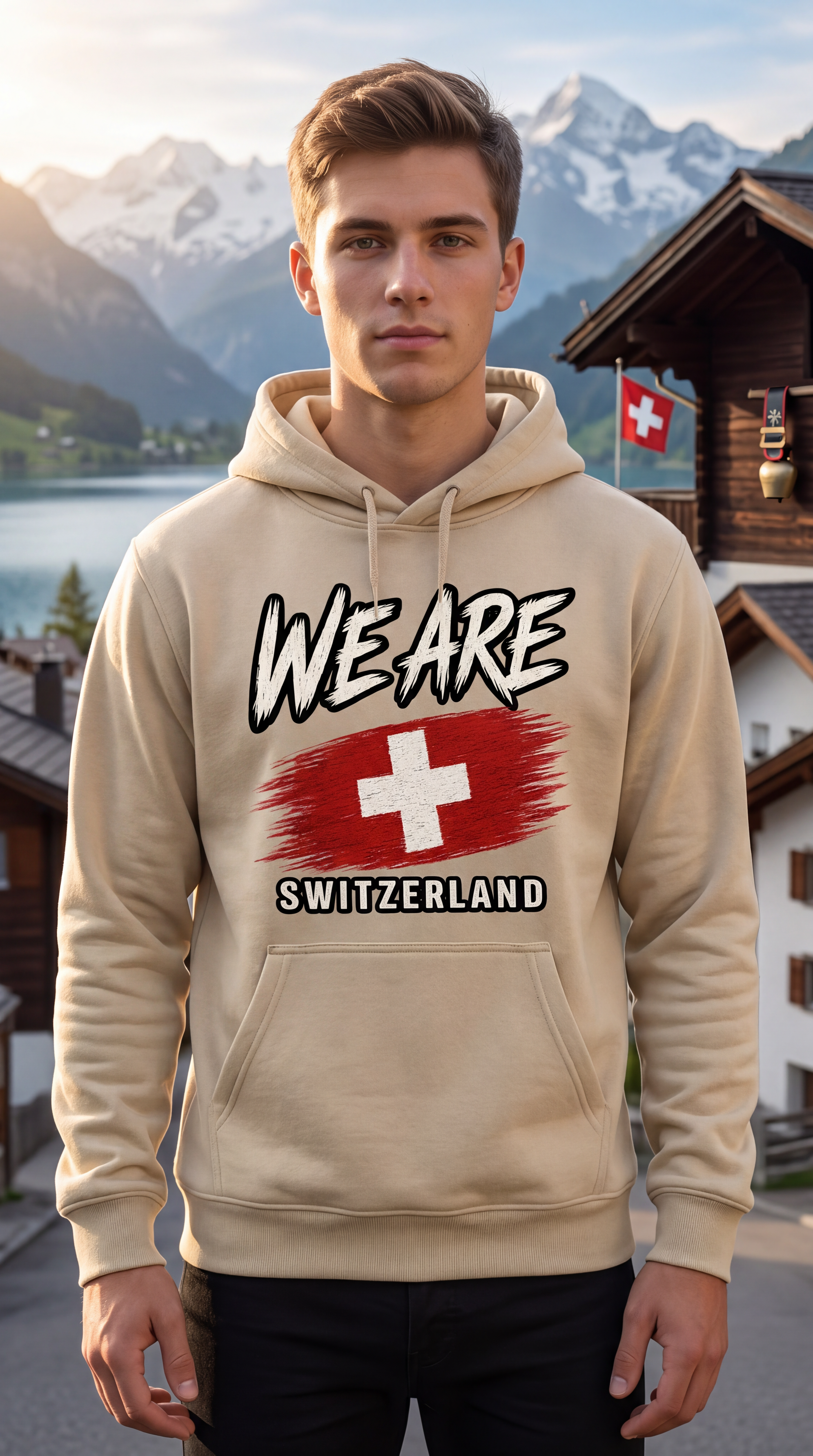 A man wearing a beige hoodie with a 'WE ARE SWITZERLAND' graphic featuring a Swiss flag, posed in front of a scenic mountain and alpine village background.