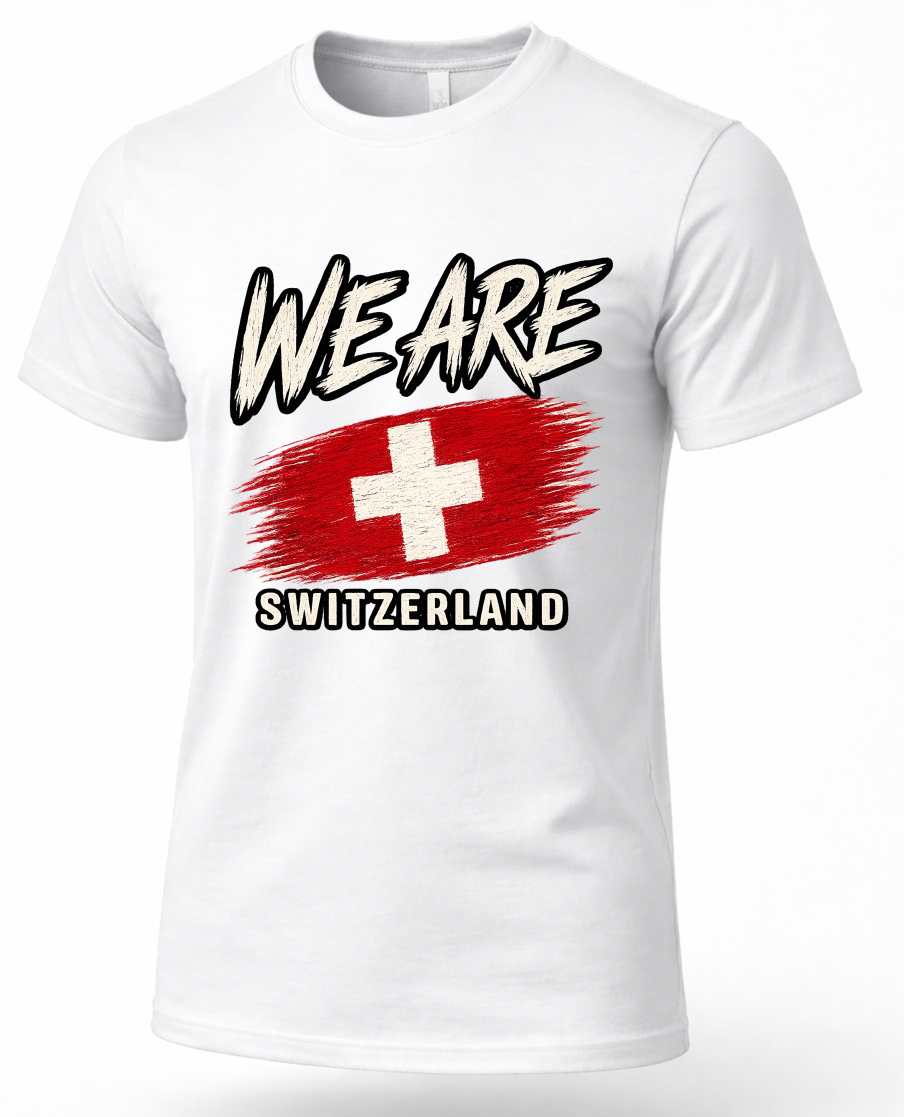 A white short-sleeve crewneck t-shirt featuring a graphic print on the front. The design displays the text 'WE ARE' in a stylized black and white font above a distressed red flag with a white Swiss cross, and 'SWITZERLAND' in black block letters below.