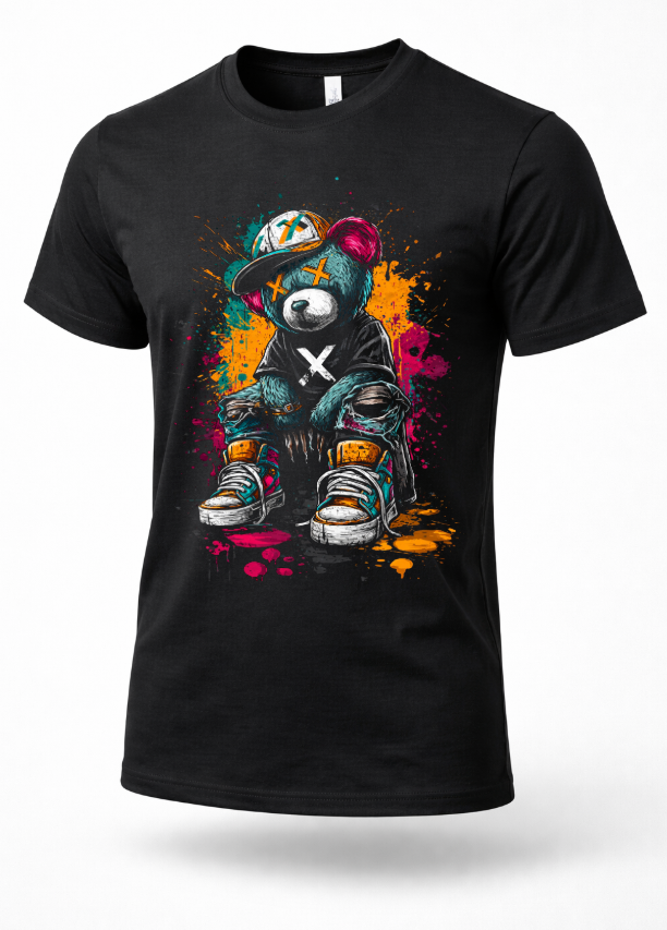 Graffiti teddy bear streetwear graphic t-shirt black urban hip hop skater style unisex tee