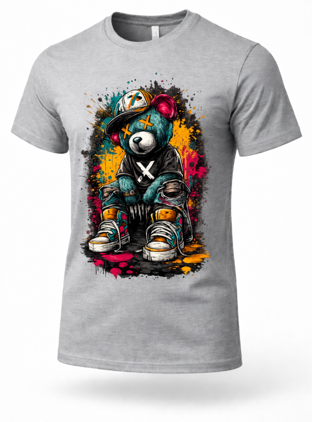 Gray streetwear graphic t-shirt with graffiti teddy bear urban hip hop fashion