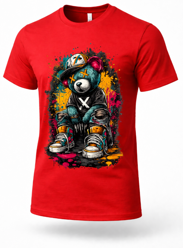 Red graffiti teddy bear streetwear graphic t-shirt urban hip hop style unisex tee
