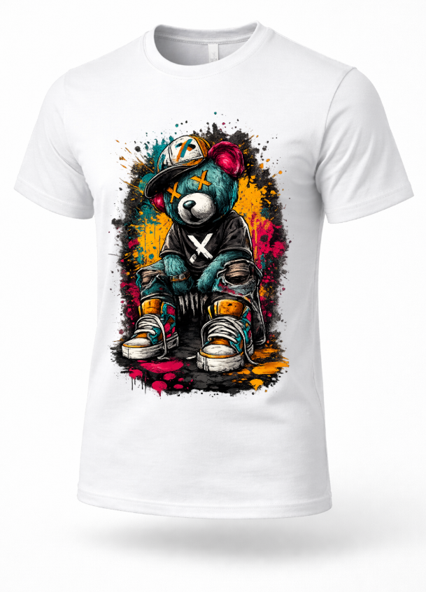 White streetwear graphic t-shirt with graffiti teddy bear urban hip hop style