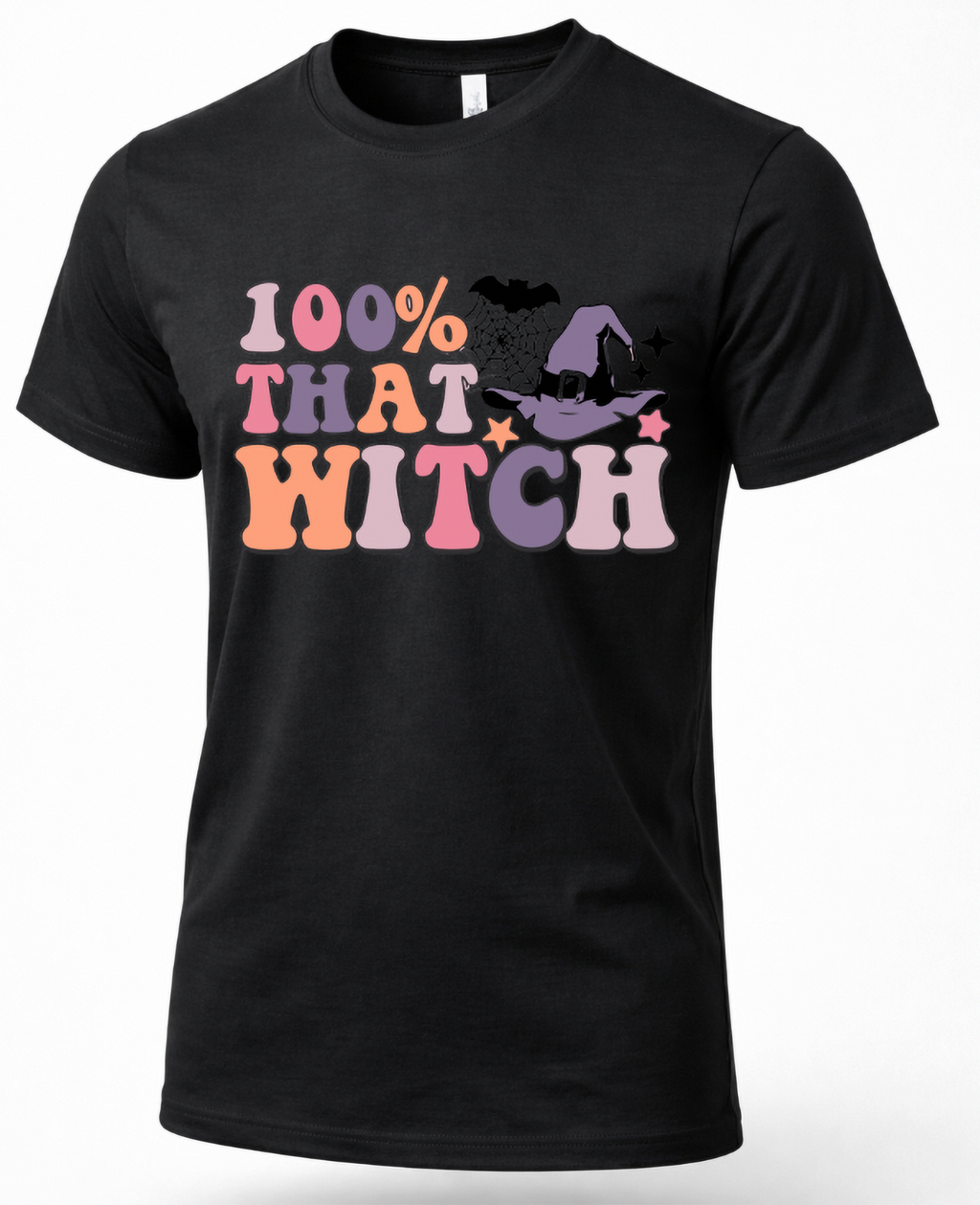 Black 100% That Witch shirt with retro pink purple orange lettering and witch hat graphic