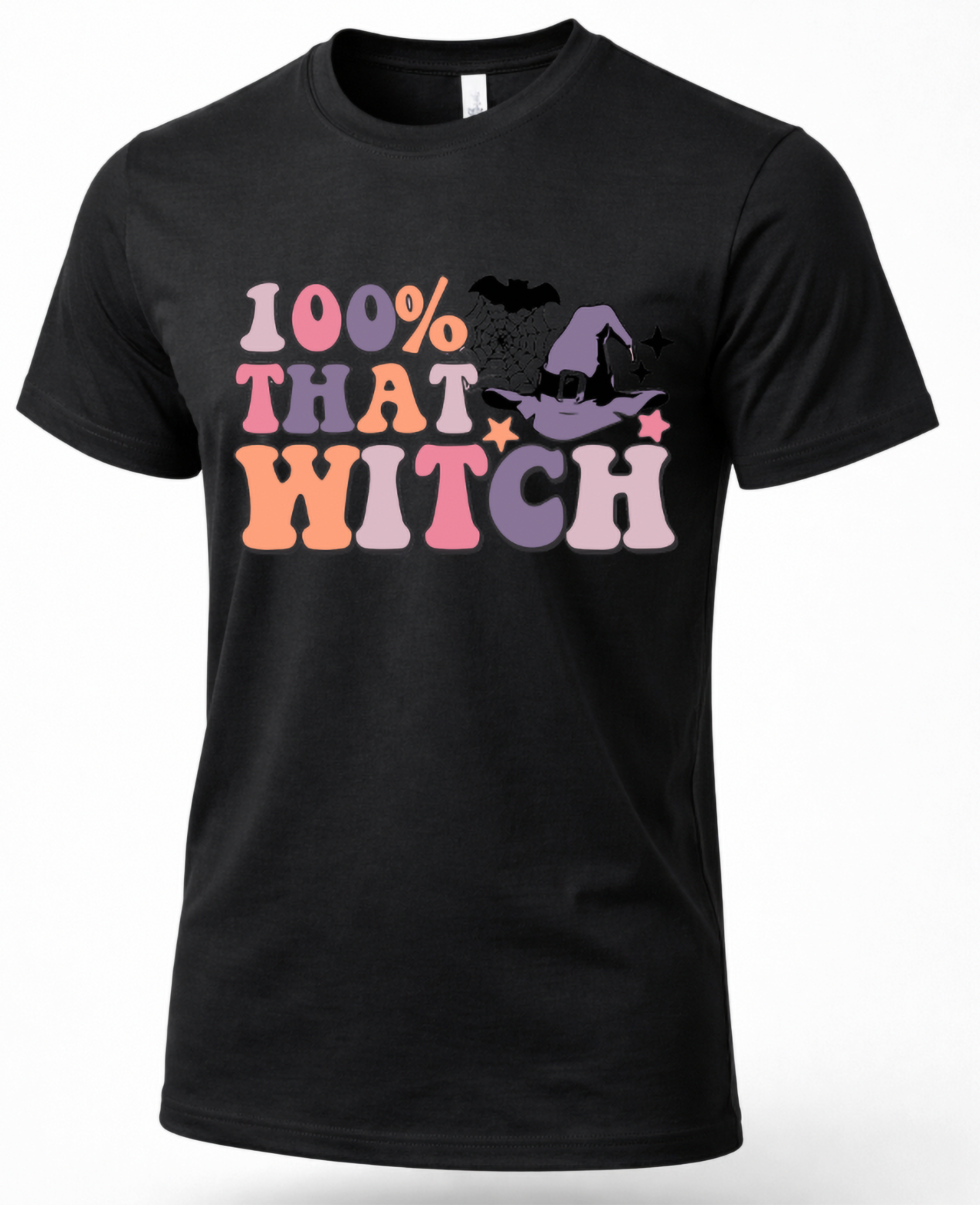Black 100% That Witch shirt with retro pink purple orange lettering and witch hat graphic