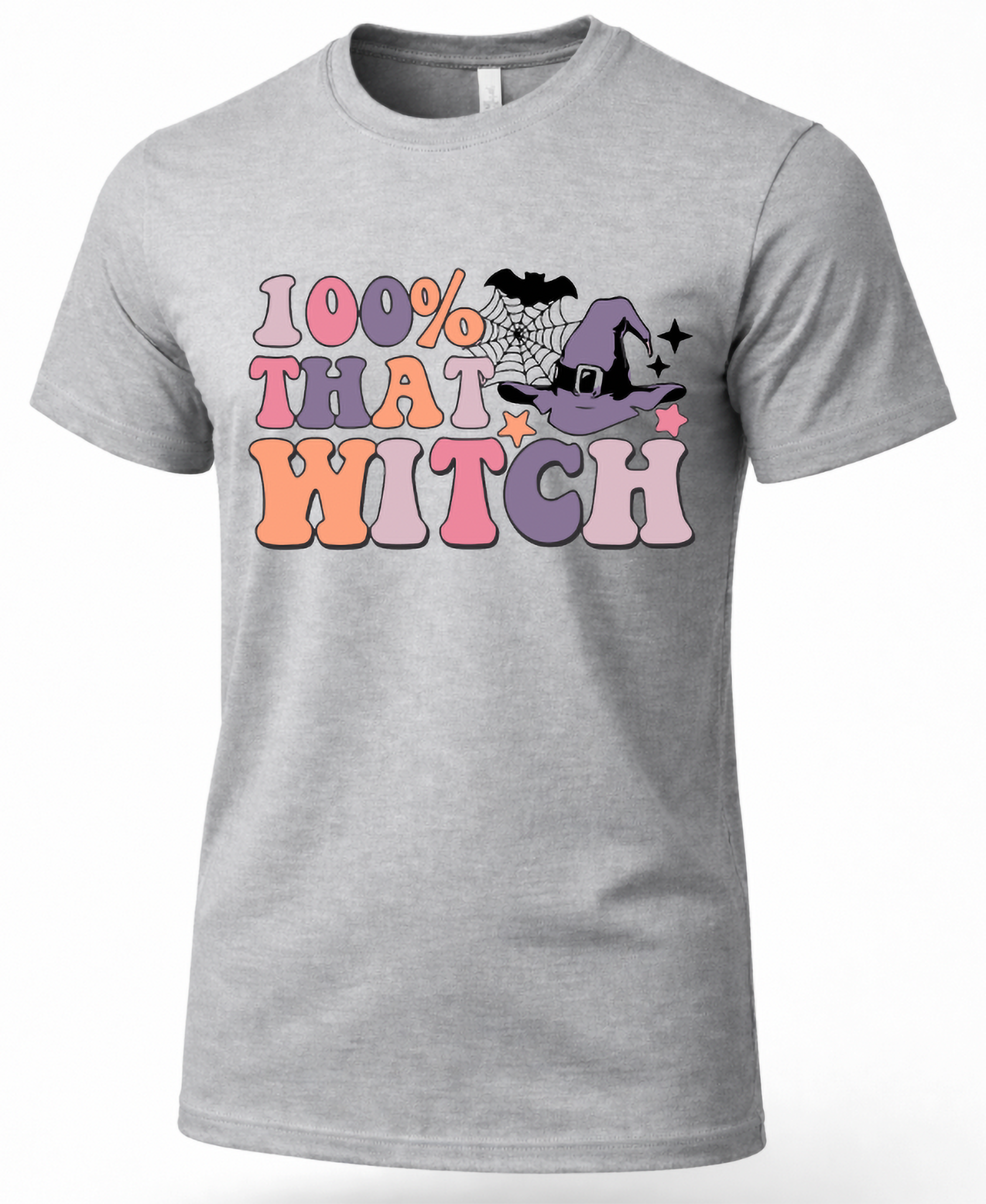 A heather gray short-sleeve crewneck t-shirt featuring a colorful retro graphic that reads '100% THAT WITCH' in pink, orange, and purple bubble letters, accompanied by a black witch hat, spiderwebs, and stars.