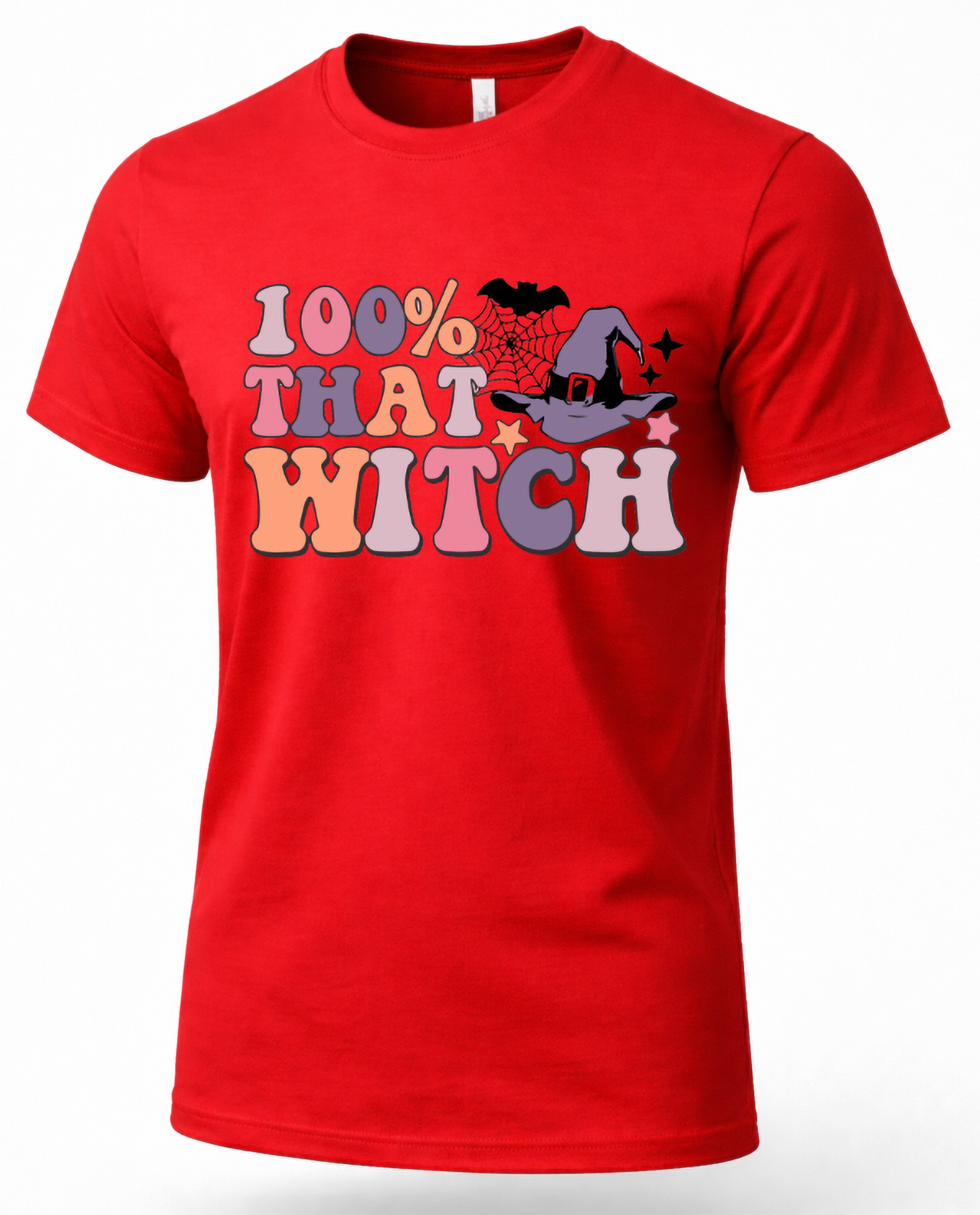 A red short-sleeve crewneck t-shirt featuring a retro-style graphic on the chest that reads '100% THAT WITCH' in wavy multicolor letters, accompanied by a spiderweb, spider, and a witch's hat.
