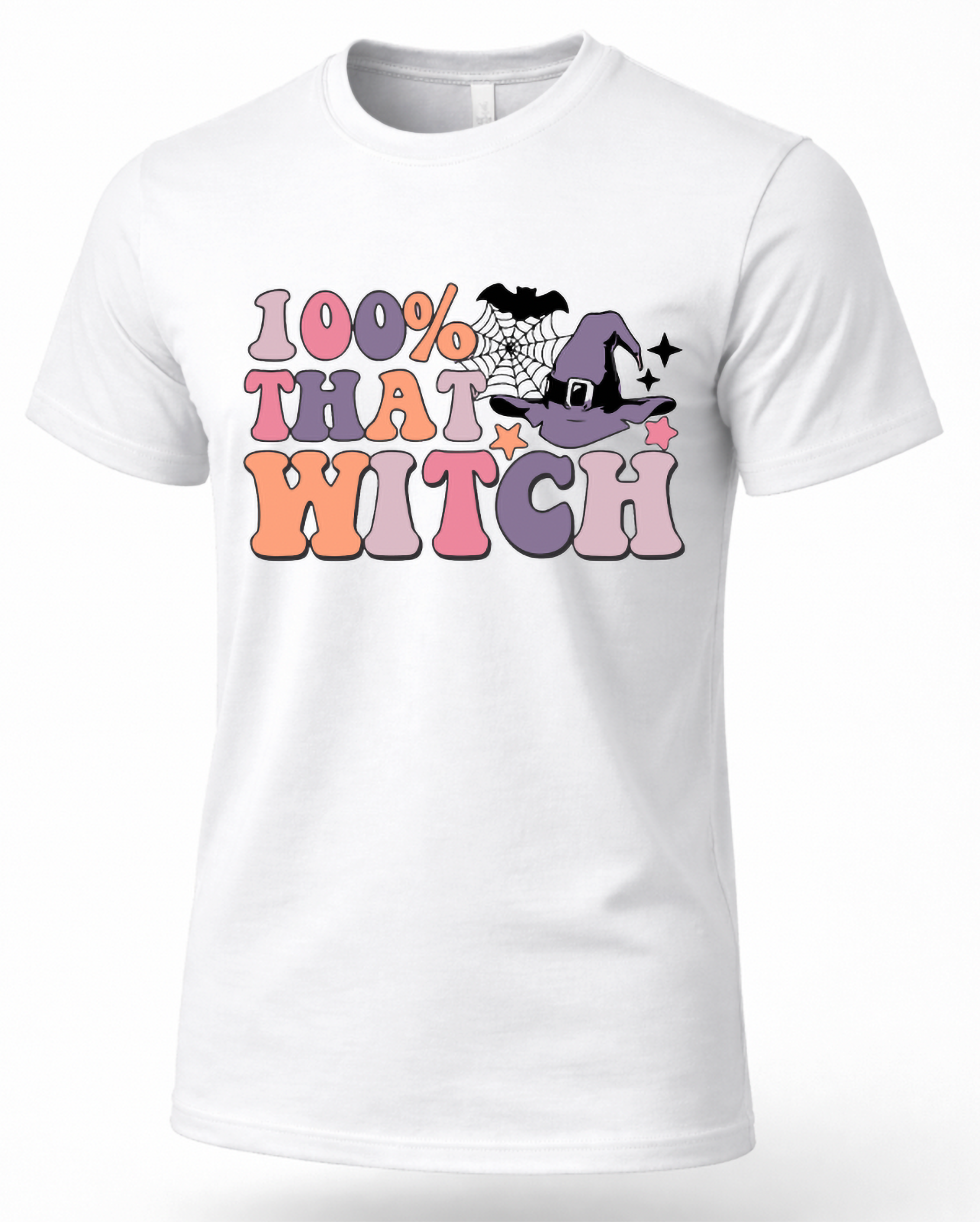 White 100% That Witch shirt with colorful retro lettering witch hat spiderweb and bat