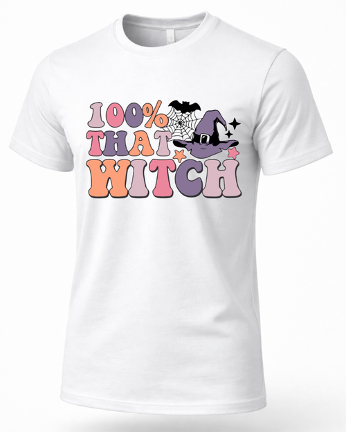 White 100% That Witch shirt with colorful retro lettering witch hat spiderweb and bat