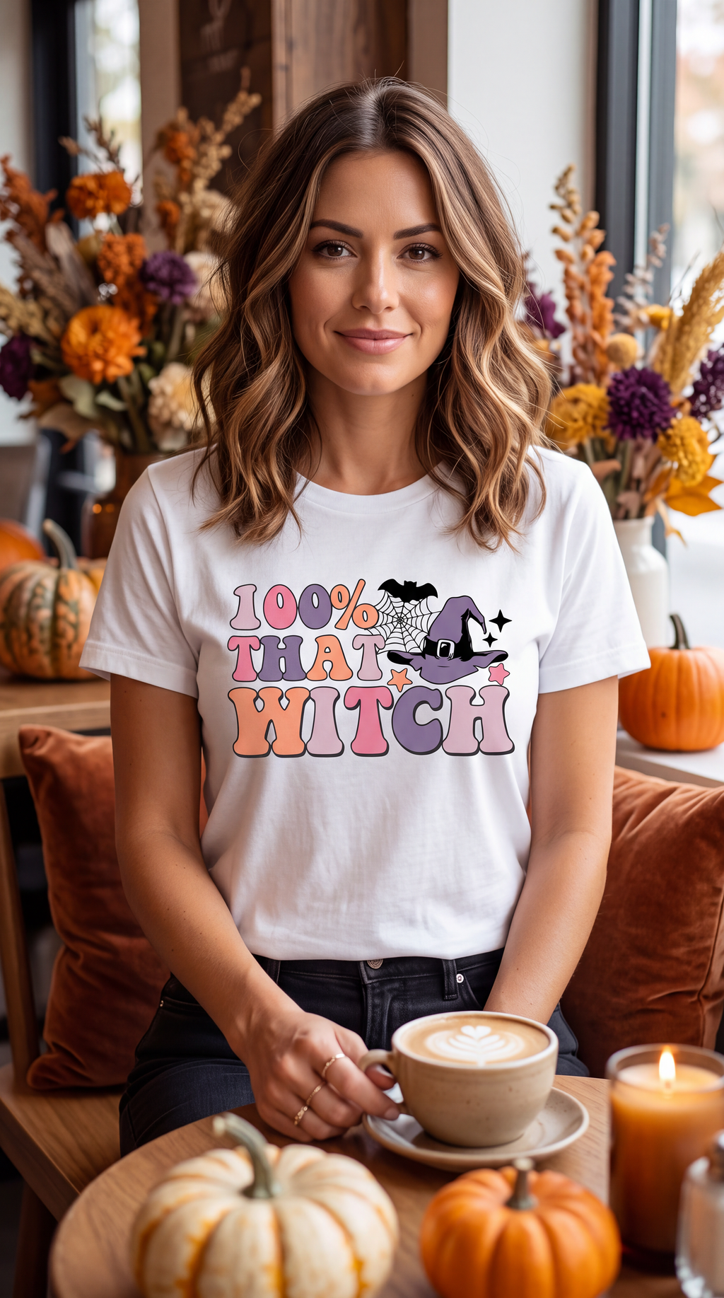 Female model wearing white 100% That Witch Halloween graphic T-shirt