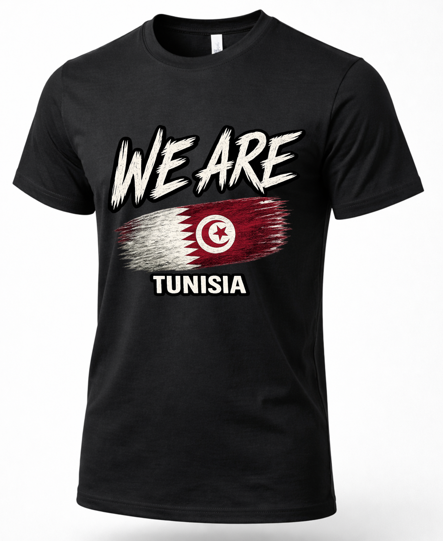 A black short-sleeve crewneck t-shirt featuring a distressed graphic print of the Tunisian flag and the text 'WE ARE' and 'TUNISIA' in white.