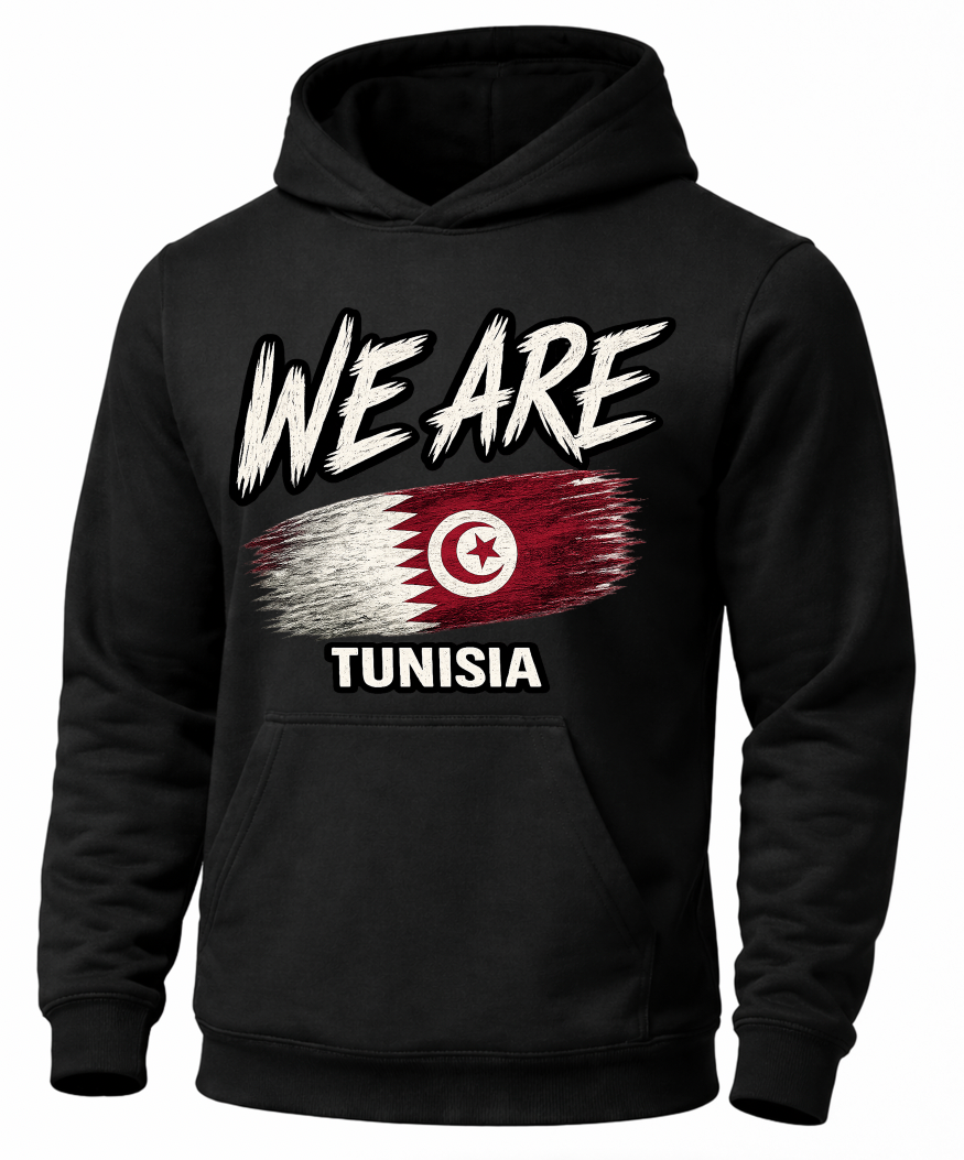 A black pullover hoodie with a distressed graphic on the front that reads 'WE ARE' above a Tunisian flag design and 'TUNISIA' below, shown on a plain white background.