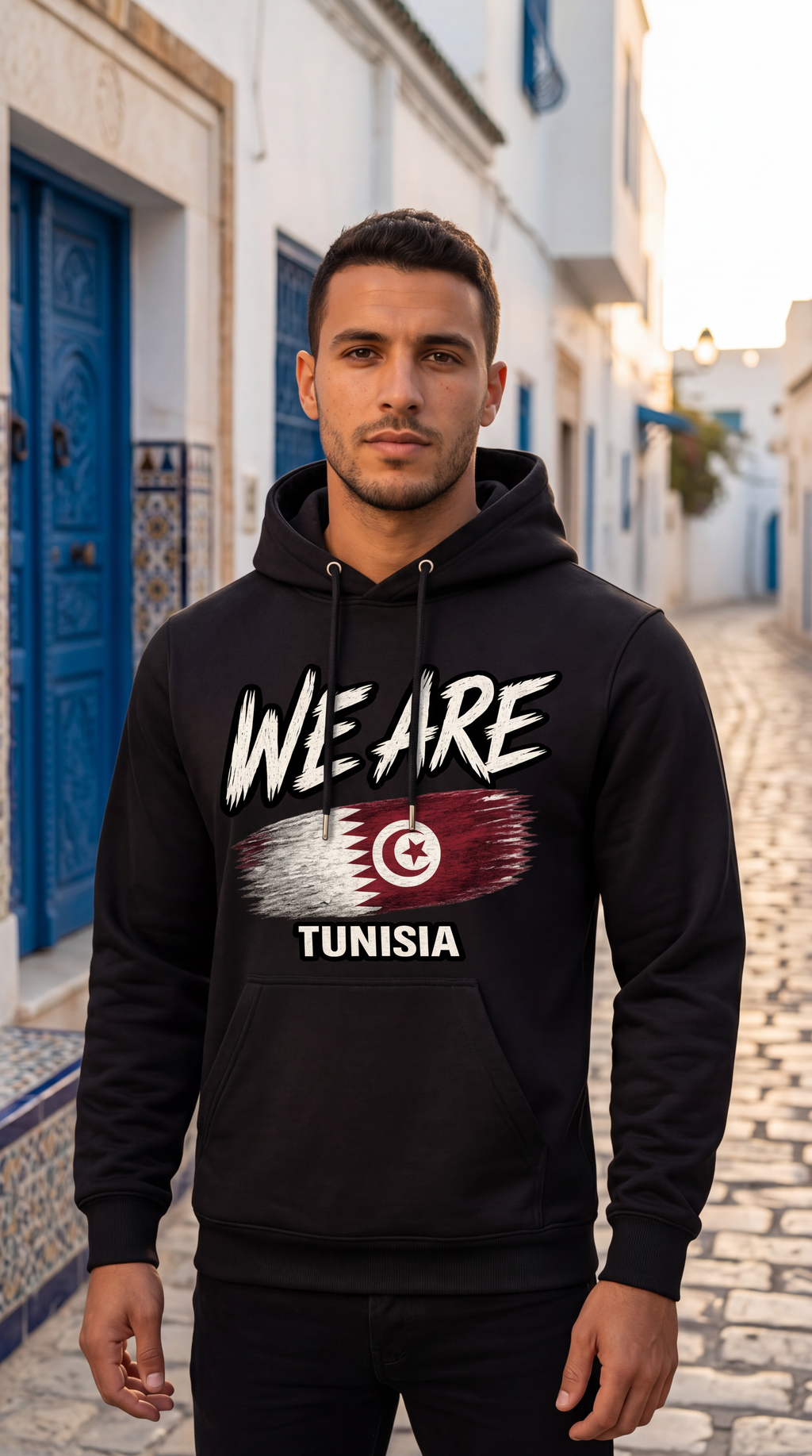 A man wearing a black hoodie with a graphic print that reads 'WE ARE TUNISIA' and features the Tunisia flag, standing on a cobblestone street in front of white buildings with blue doors.