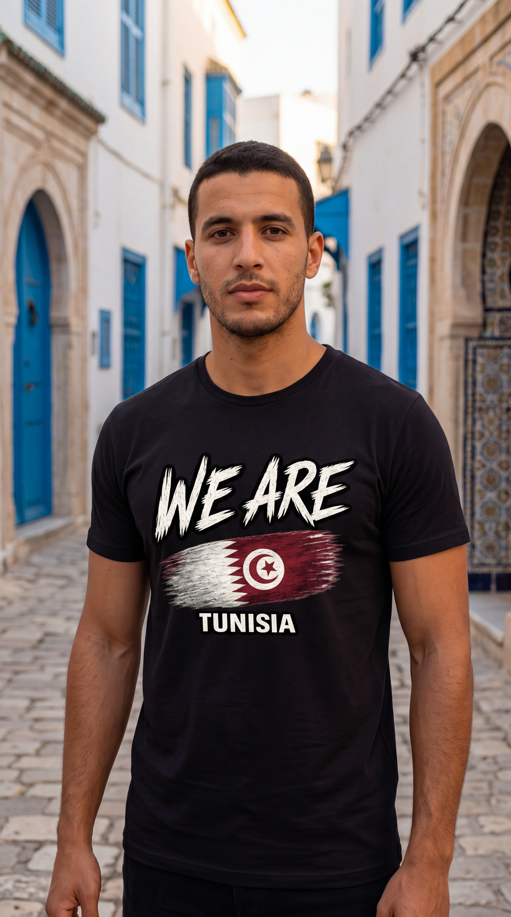 A man standing on a cobblestone street wearing a black t-shirt with a graphic that reads 'WE ARE TUNISIA' and features the Tunisian flag.
