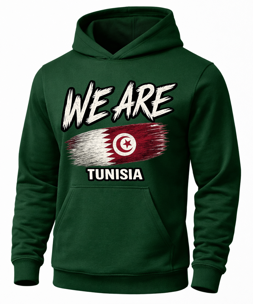 A dark green pullover hoodie with a graphic print on the front. The design features the text 'WE ARE' in a white brush-stroke font above a distressed Tunisian flag graphic, and 'TUNISIA' in white below it.
