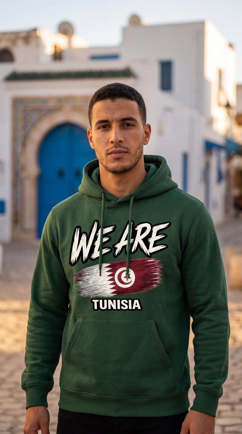A man wearing a dark green hoodie with a graphic print that reads 'WE ARE TUNISIA' and features the Tunisian flag, standing in front of a blurred background of white buildings with blue accents.