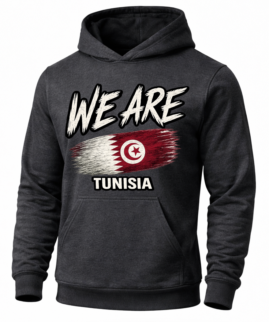 A dark charcoal gray hoodie featuring a distressed graphic print of the Tunisian flag with the text 'WE ARE' above and 'TUNISIA' below, displayed on a clean white background.