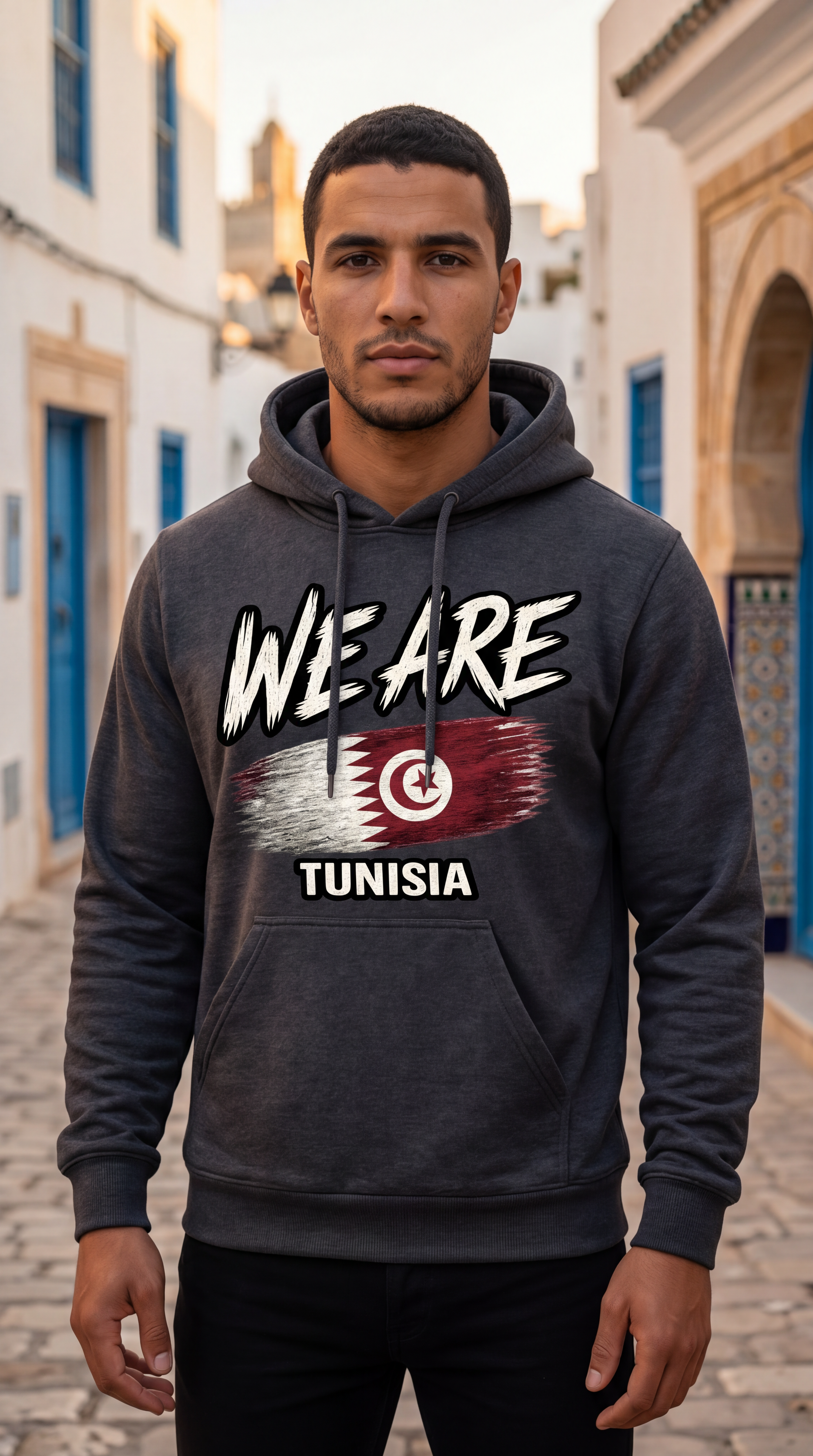 A man wearing a dark gray hoodie with a graphic print that reads 'WE ARE TUNISIA' and features the Tunisian flag, standing on a cobblestone street in front of white buildings with blue shutters.