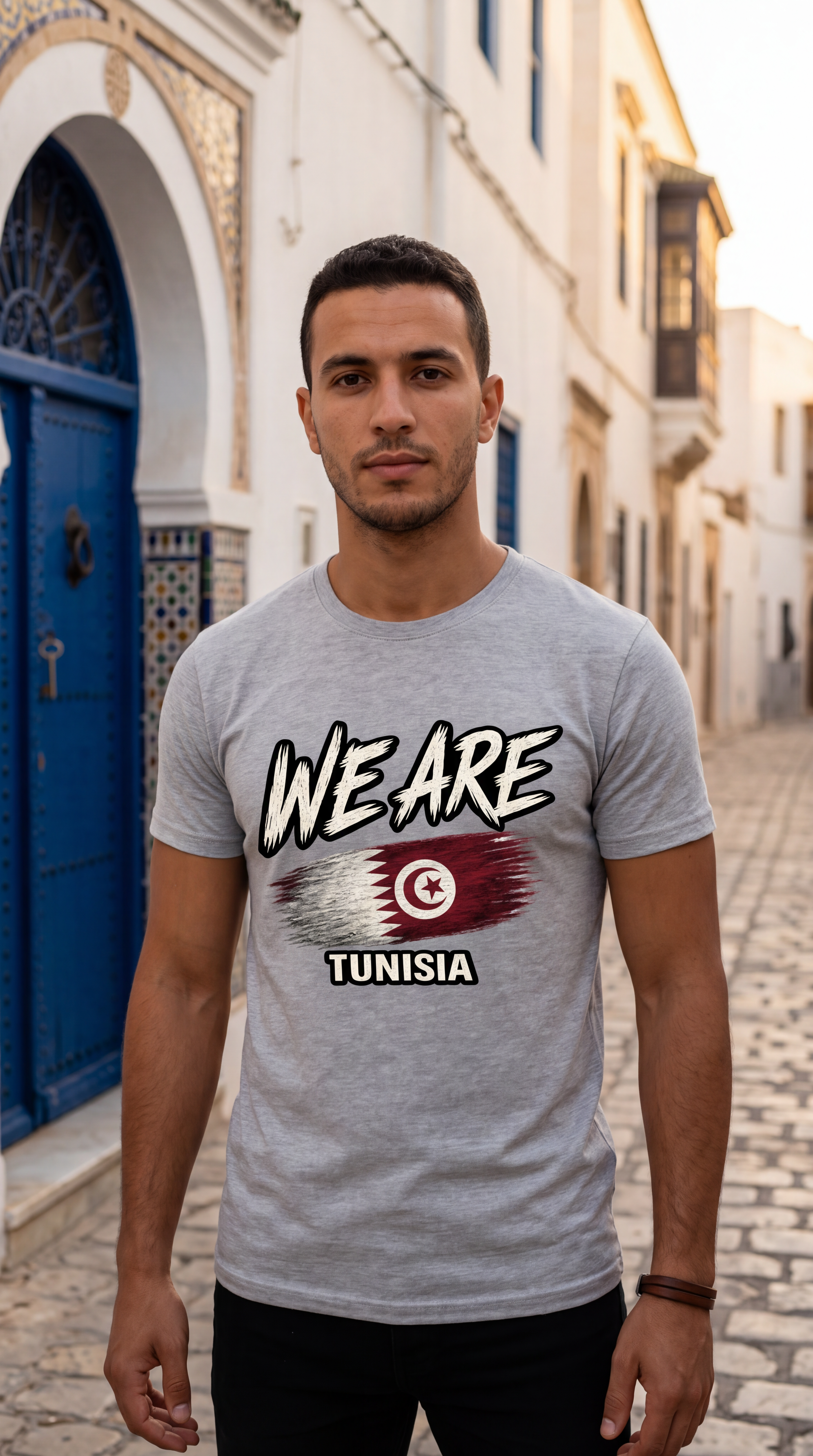 A man wearing a light gray heather t-shirt with a graphic that reads 'WE ARE TUNISIA' and features the Tunisian flag, standing on a cobblestone street in front of white buildings with blue doors.