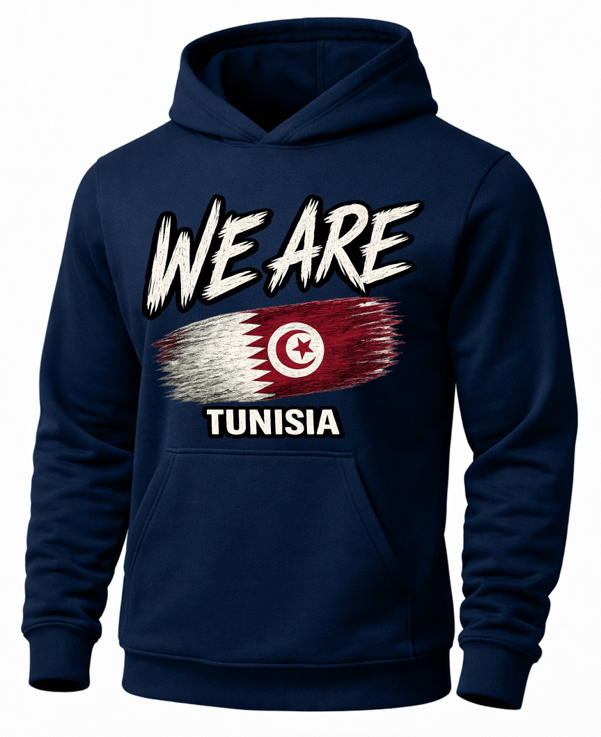 A navy blue pullover hoodie with a graphic print on the front. The design features the text 'WE ARE' in a distressed white font above a stylized, brush-stroke style flag of Tunisia, with 'TUNISIA' printed below in white.