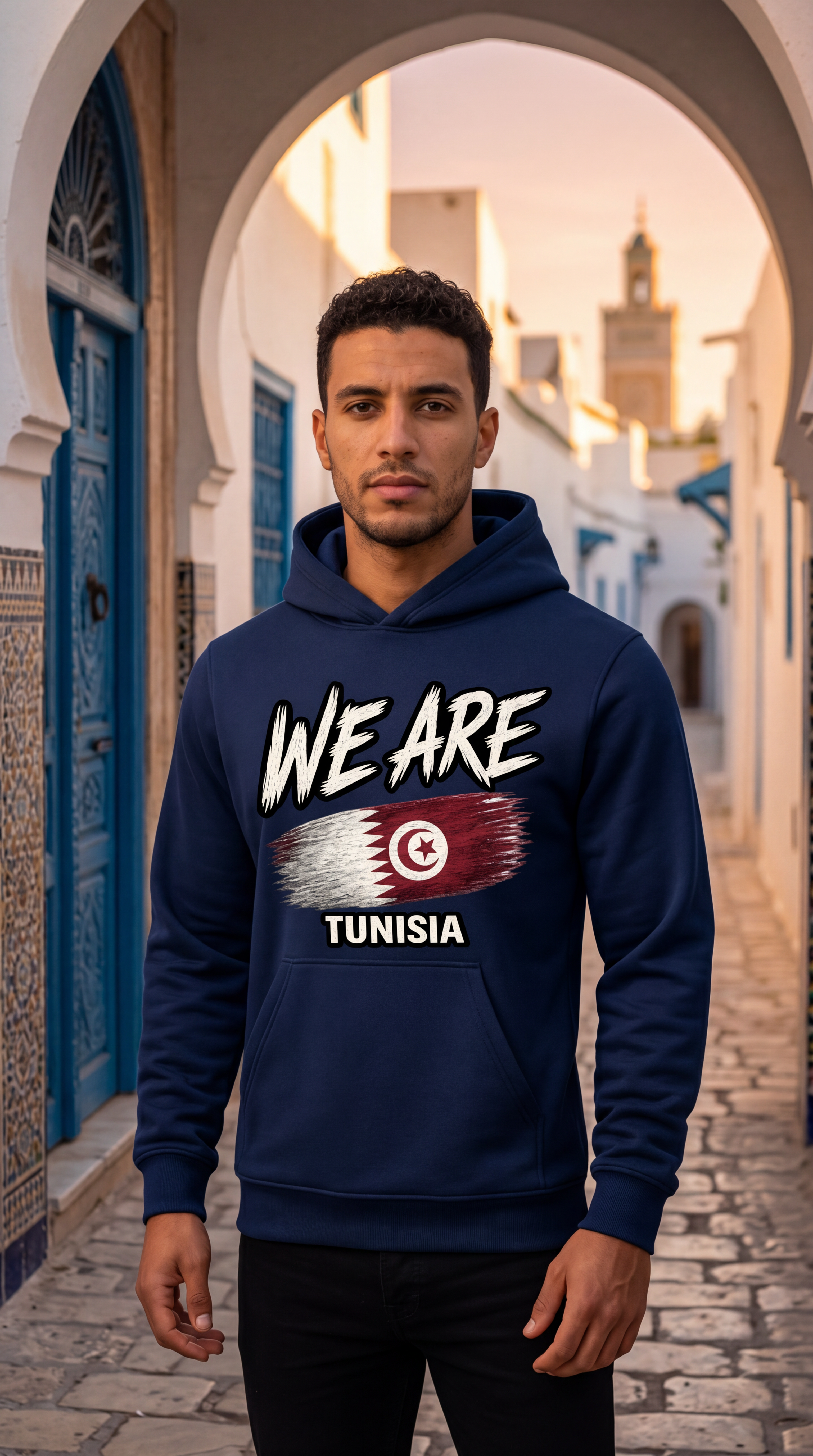 A man wearing a navy blue hoodie with a graphic print that reads 'WE ARE TUNISIA' and features the Tunisian flag, standing in a stone alleyway with white buildings and blue doors in the background.