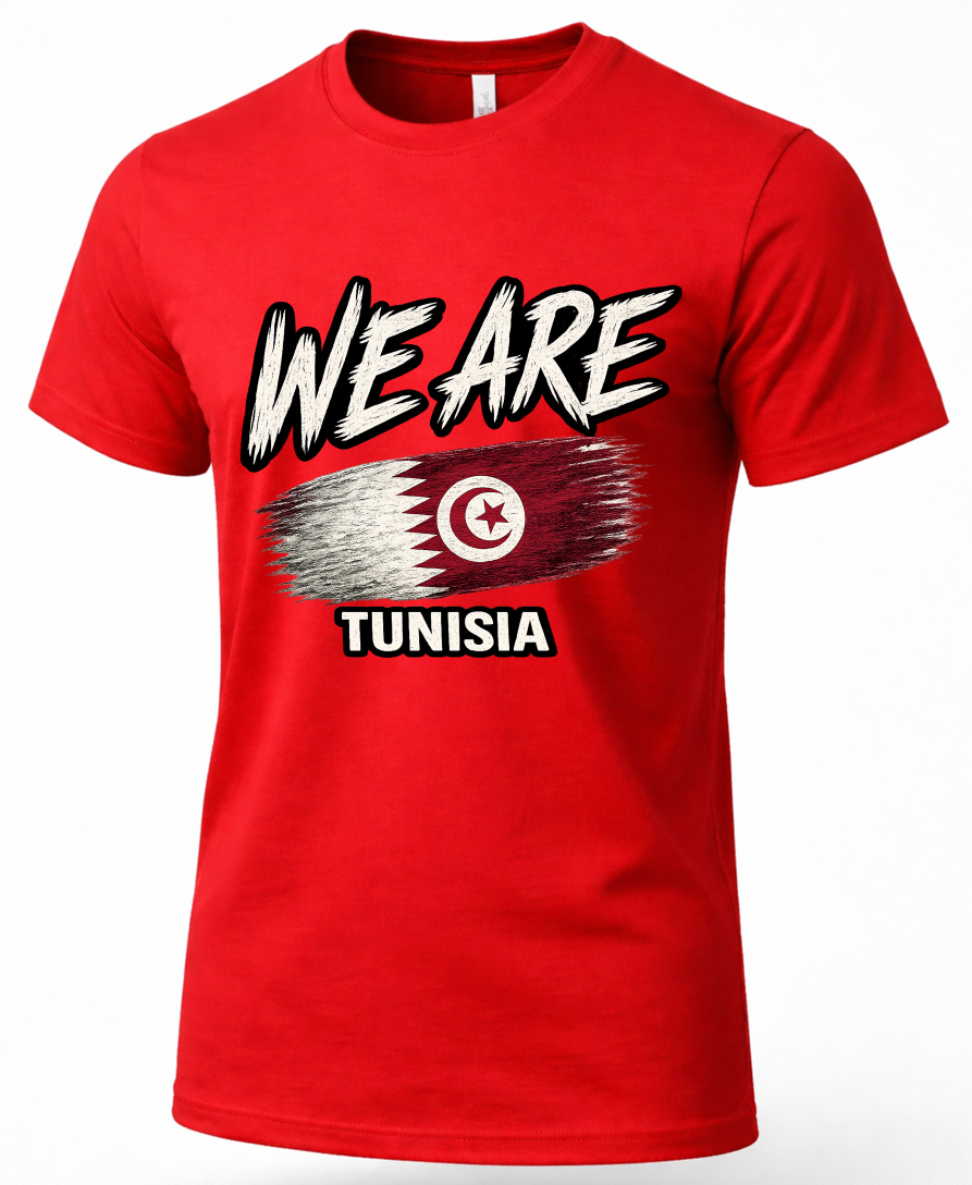 A red short-sleeve crewneck t-shirt featuring a distressed graphic of the Tunisia flag with the text 'WE ARE' above and 'TUNISIA' below, displayed on a clean white background.