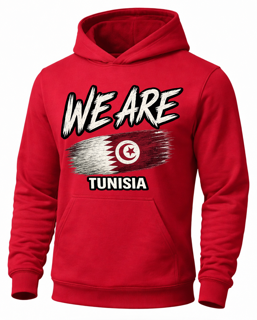 A red pullover hoodie featuring a graphic print on the front with the text 'WE ARE' in white with black outlines, a stylized Tunisian flag, and 'TUNISIA' printed below in white.