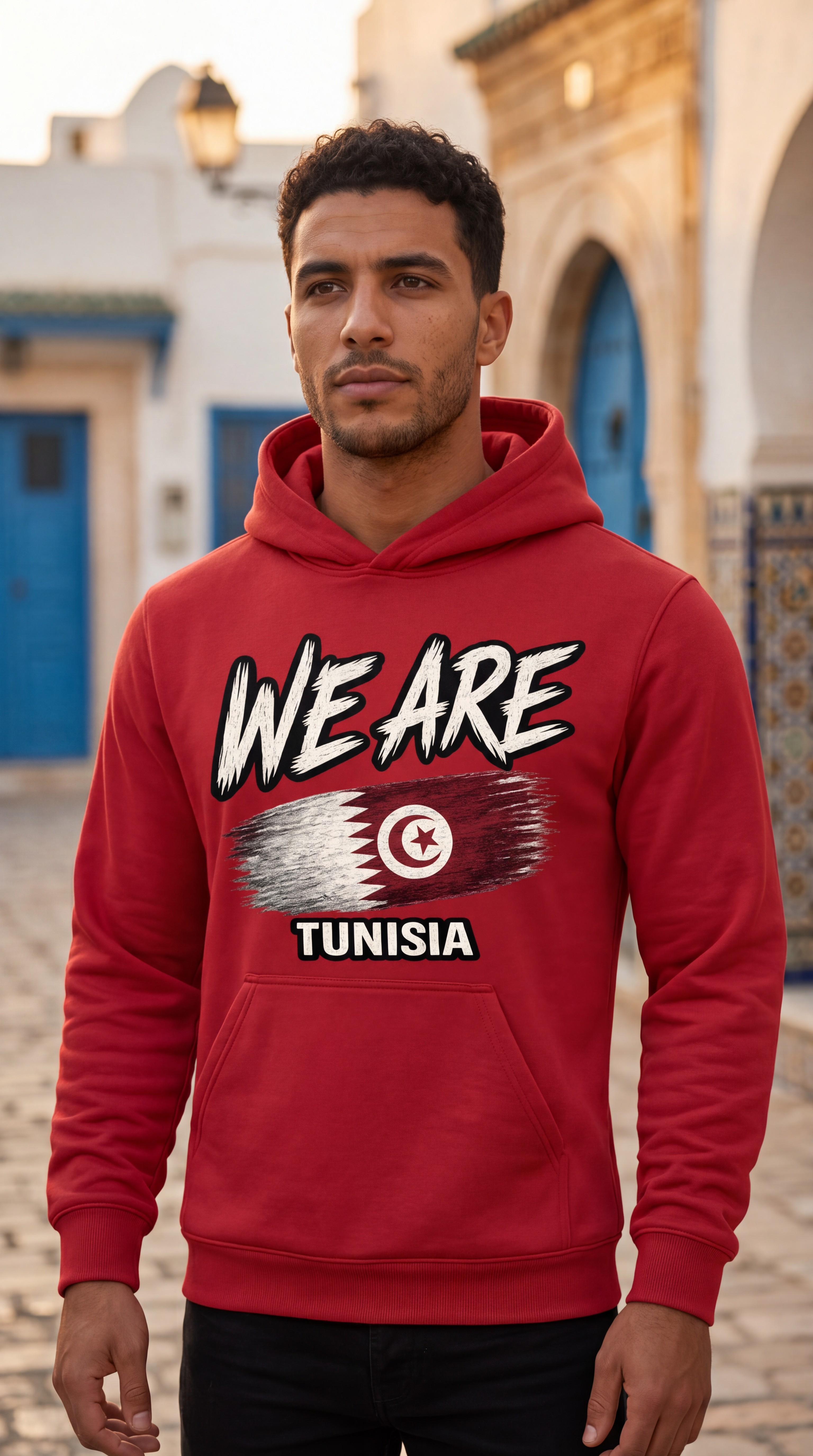 A man wearing a red hoodie with a graphic print that reads 'WE ARE' above a Tunisian flag design and 'TUNISIA' below, standing outdoors in front of a blurred building with blue doors.