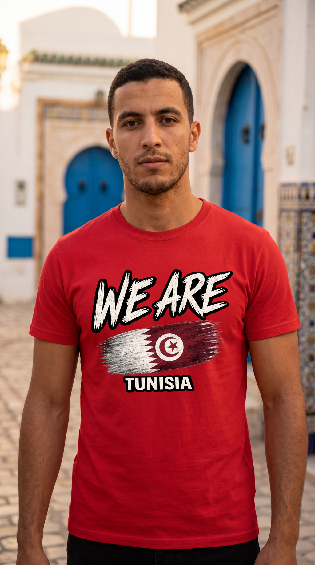 A man wearing a red graphic t-shirt with 'WE ARE TUNISIA' and the Tunisian flag design, standing in front of a blurred background of white buildings with blue doors.