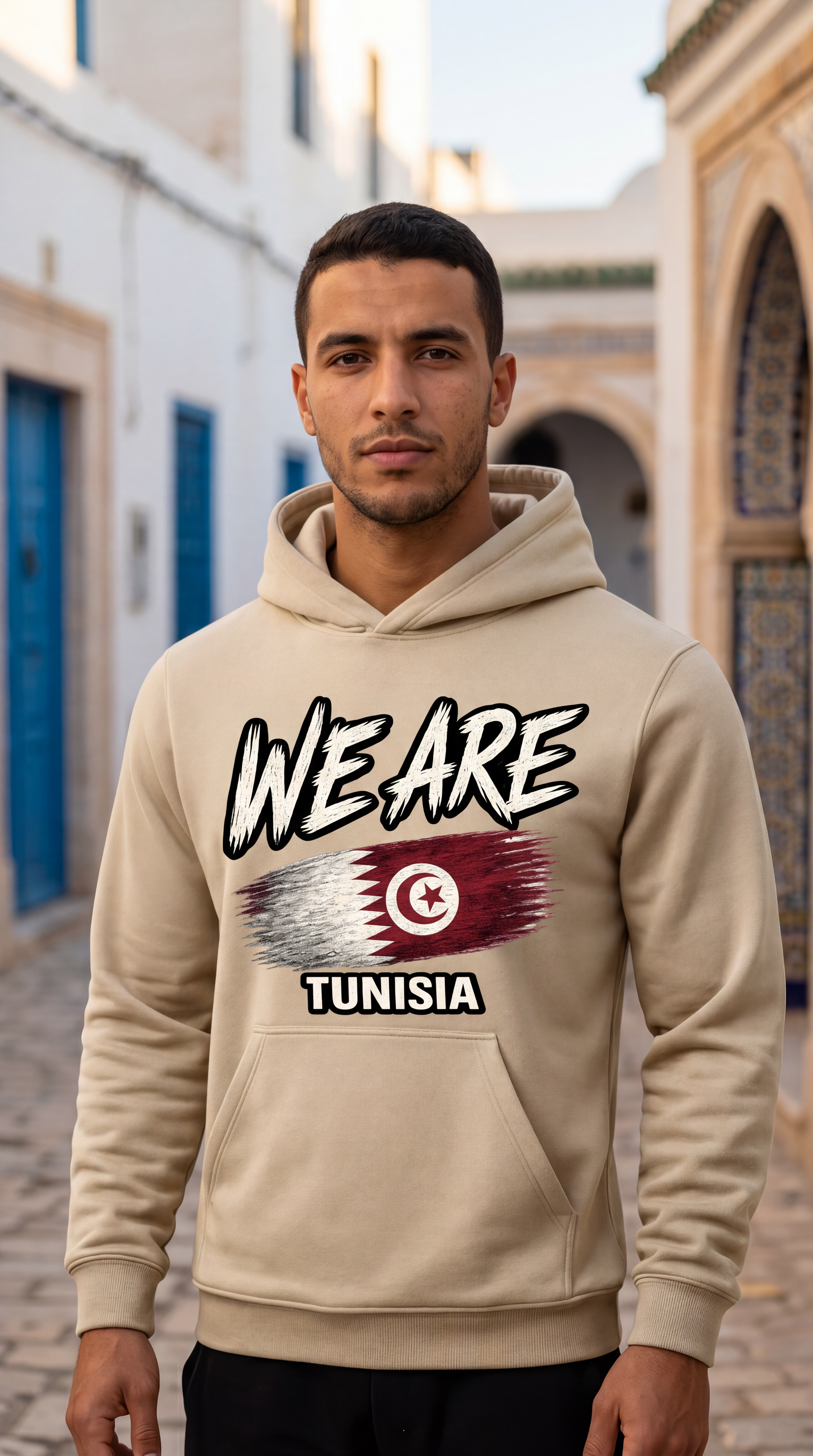 A man wearing a beige hoodie with a graphic print that reads 'WE ARE' above a Tunisian flag design and 'TUNISIA' below, standing in an outdoor street setting with white and blue buildings in the background.