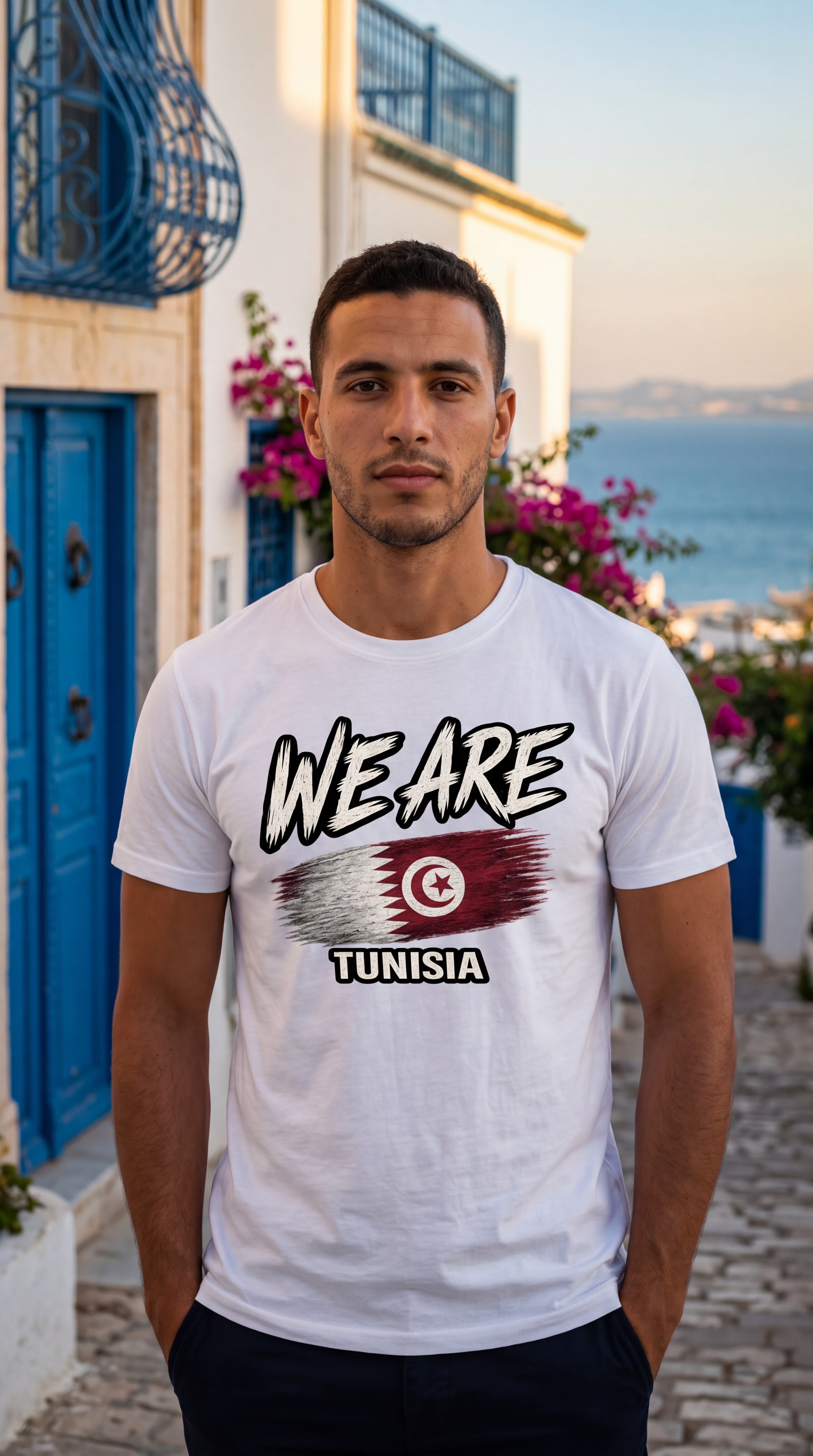 A man wearing a white graphic t-shirt with 'WE ARE TUNISIA' and the Tunisian flag printed on the front, standing outdoors in front of a Mediterranean-style building with blue doors and the sea in the background.