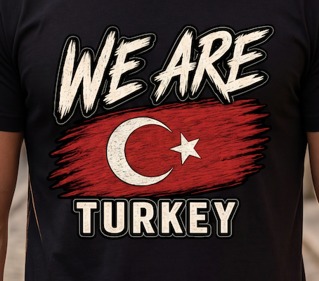 A close-up of a black t-shirt featuring a distressed graphic print with the text 'WE ARE TURKEY' and a stylized Turkish flag design in red, white, and black.
