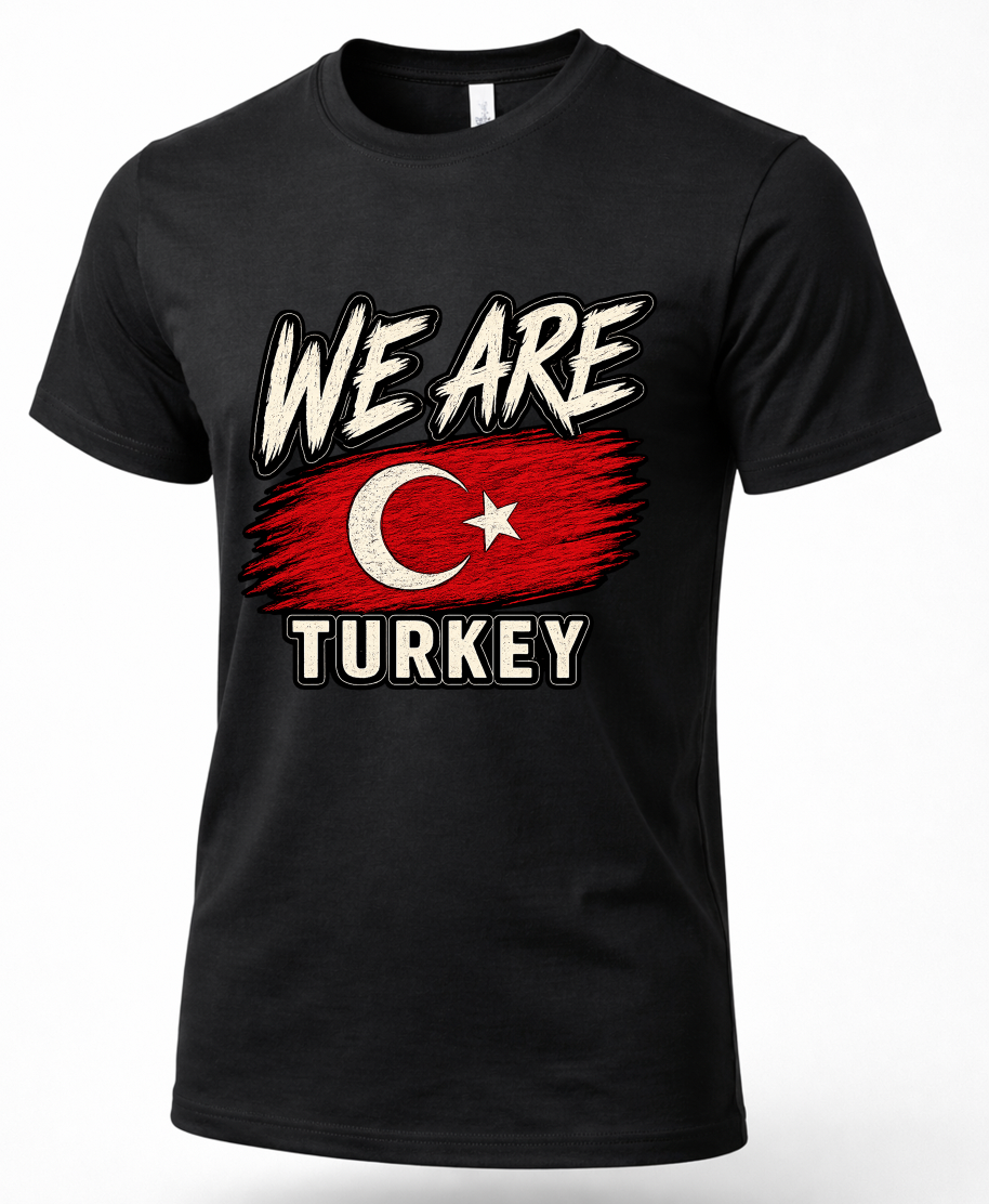 A black short-sleeve crewneck t-shirt featuring a distressed graphic print that reads 'WE ARE TURKEY' with a stylized Turkish flag in the center.