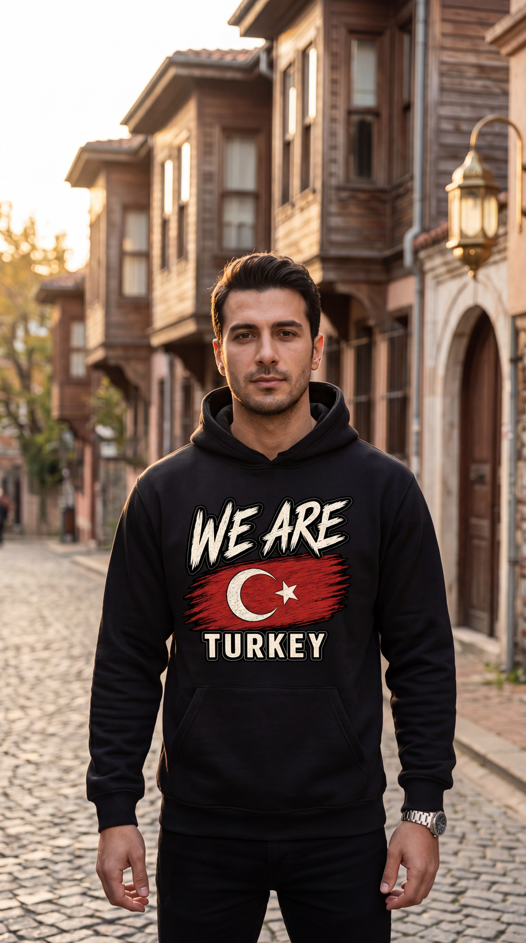 A man standing on a cobblestone street wearing a black hoodie with a graphic that reads 'WE ARE TURKEY' and features a red flag design with a white crescent and star.