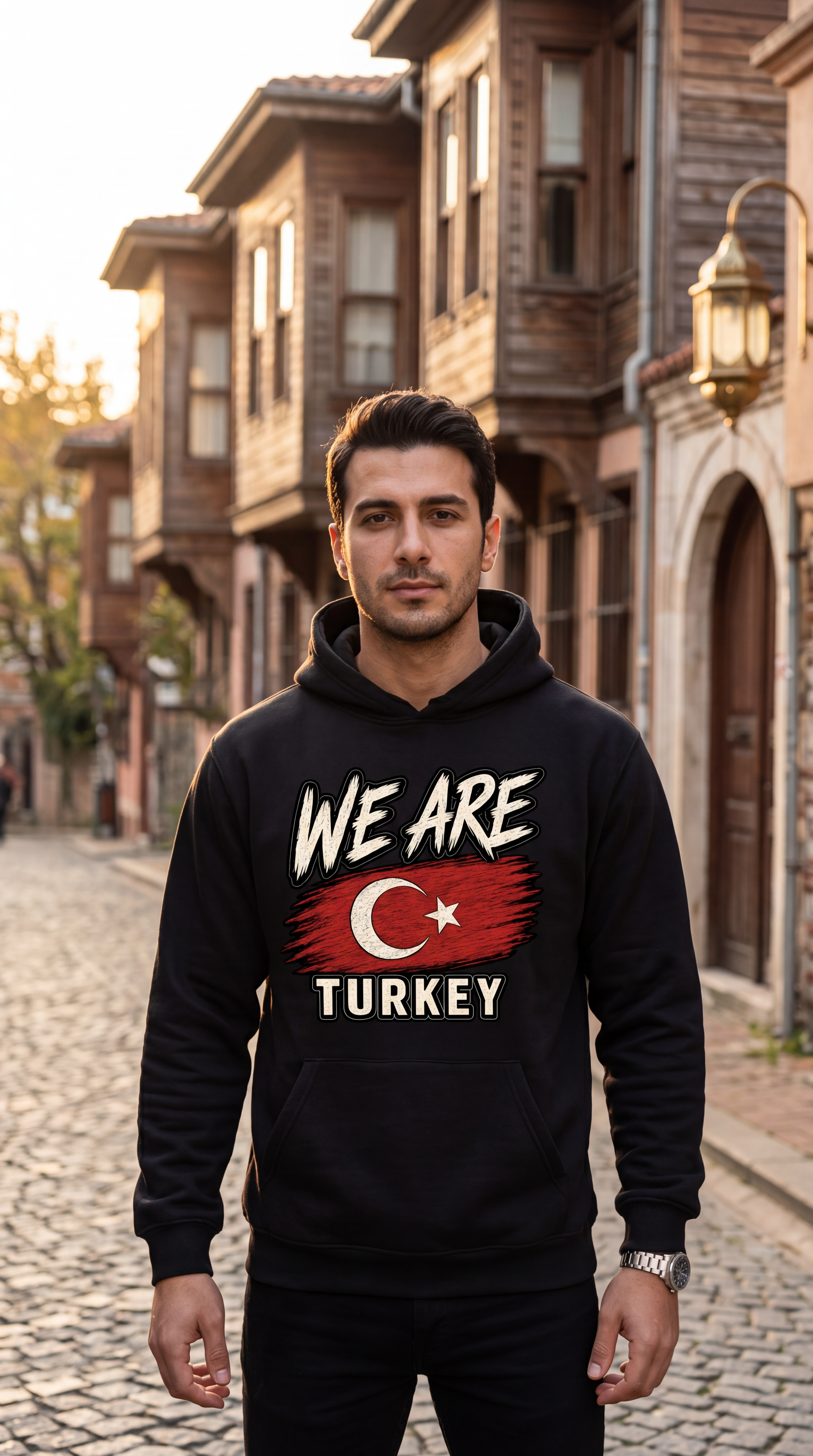 A man standing on a cobblestone street wearing a black hoodie with a graphic that reads 'WE ARE TURKEY' and features a red flag design with a white crescent and star.