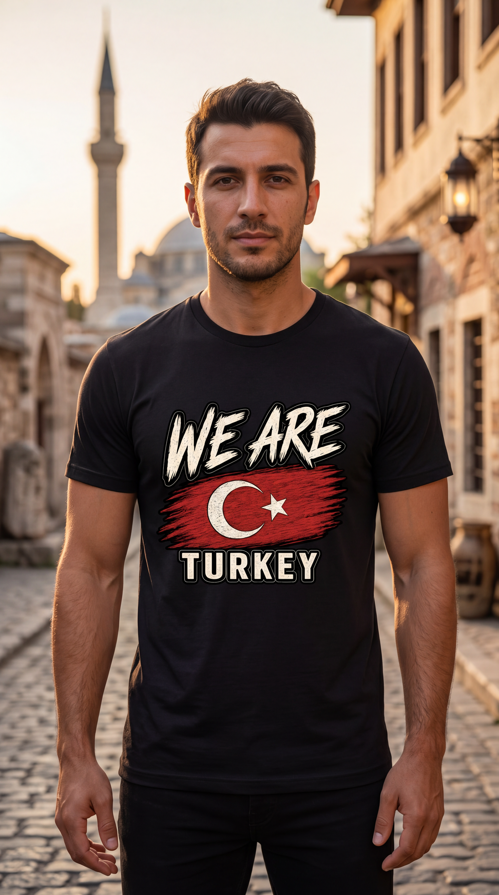 A man standing in a cobblestone street wearing a black t-shirt with a graphic that reads 'WE ARE TURKEY' and features a stylized red and white Turkish flag. In the background, a historic street scene with a minaret is softly blurred.