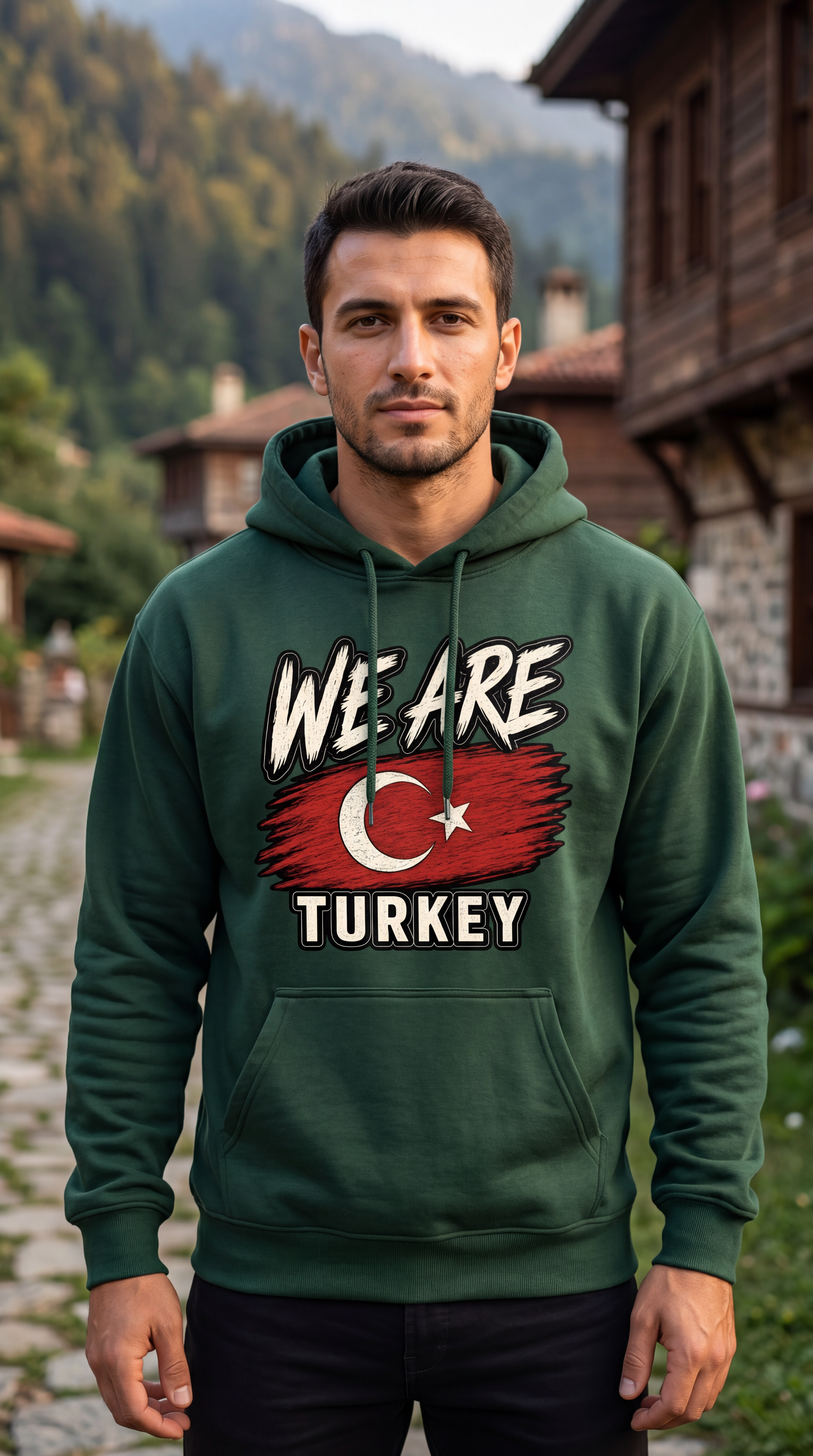 A man wearing a dark green hoodie with a graphic print that reads 'WE ARE TURKEY' and features a stylized Turkish flag, standing outdoors in front of rustic houses and mountains.