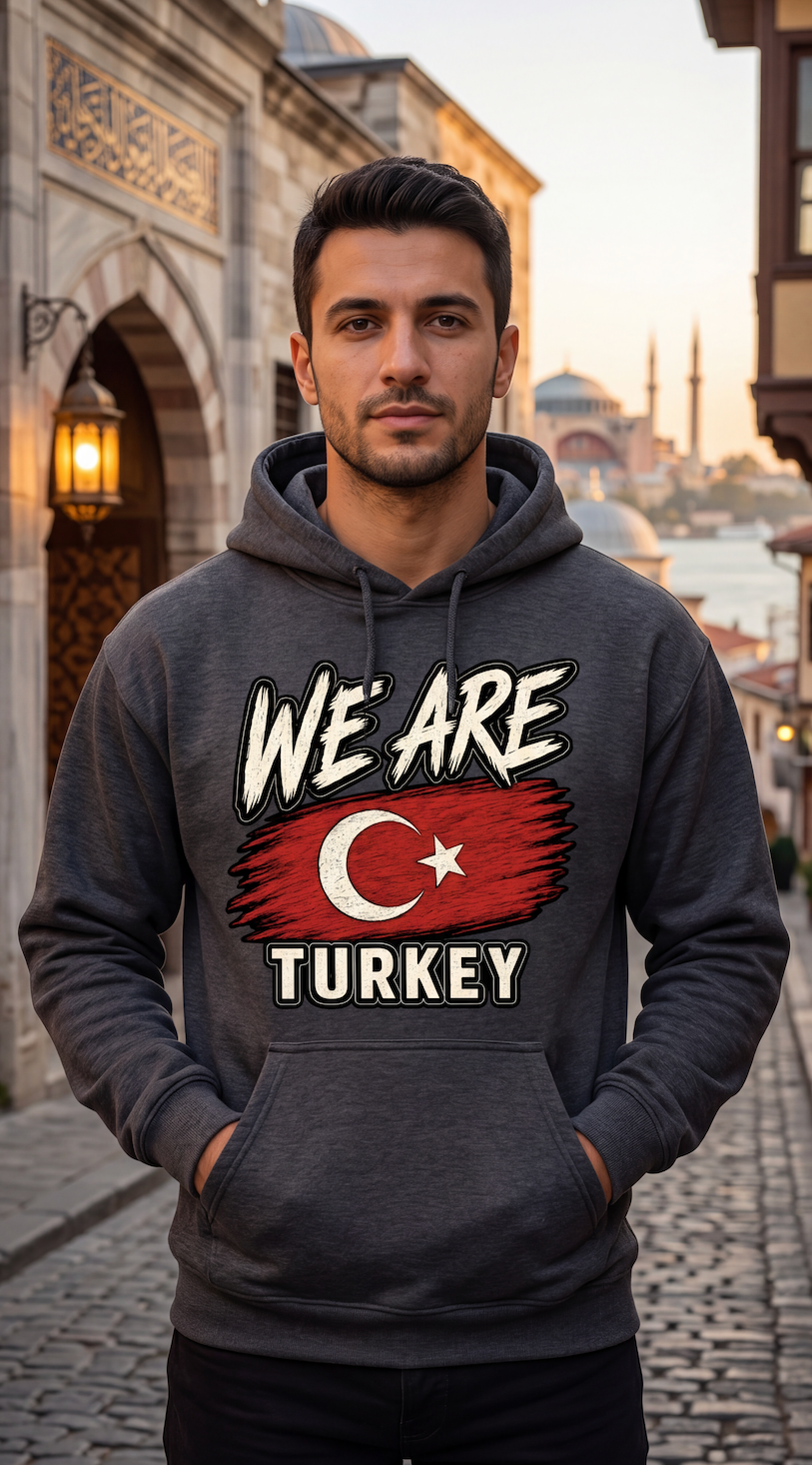 A man wearing a dark gray hoodie with a graphic that reads 'WE ARE TURKEY' and features the Turkish flag, standing on a cobblestone street in front of historic buildings.