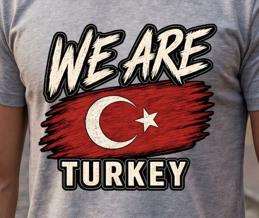 A close-up of a heather gray t-shirt featuring a graphic print with the text 'WE ARE TURKEY' and a stylized red Turkish flag with a white crescent and star.