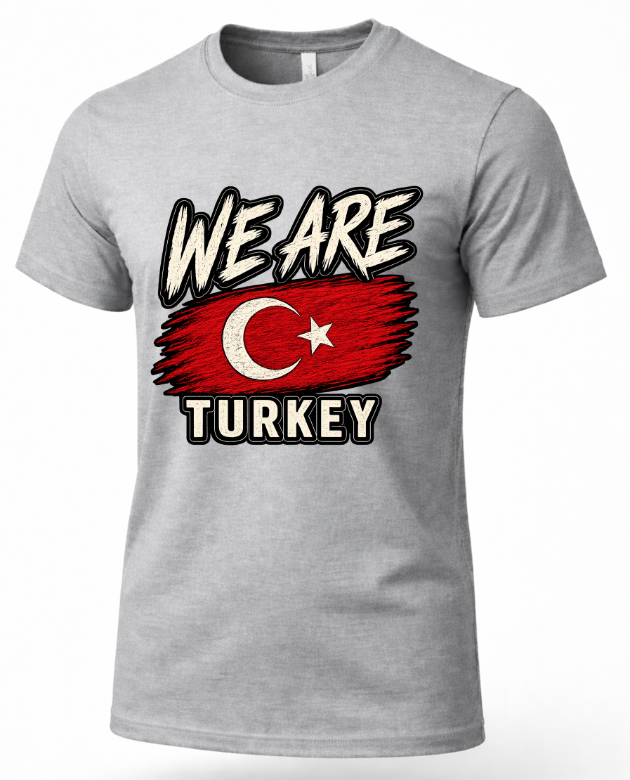 A heather gray short-sleeve t-shirt with a graphic print on the front that reads 'WE ARE TURKEY' over a stylized red Turkish flag design.
