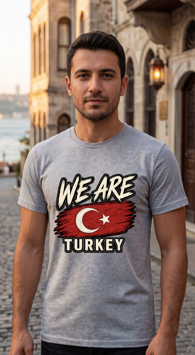 A man wearing a heather gray t-shirt with a graphic print that reads 'WE ARE TURKEY' above and below a stylized Turkish flag, standing on a cobblestone street in front of historic buildings.