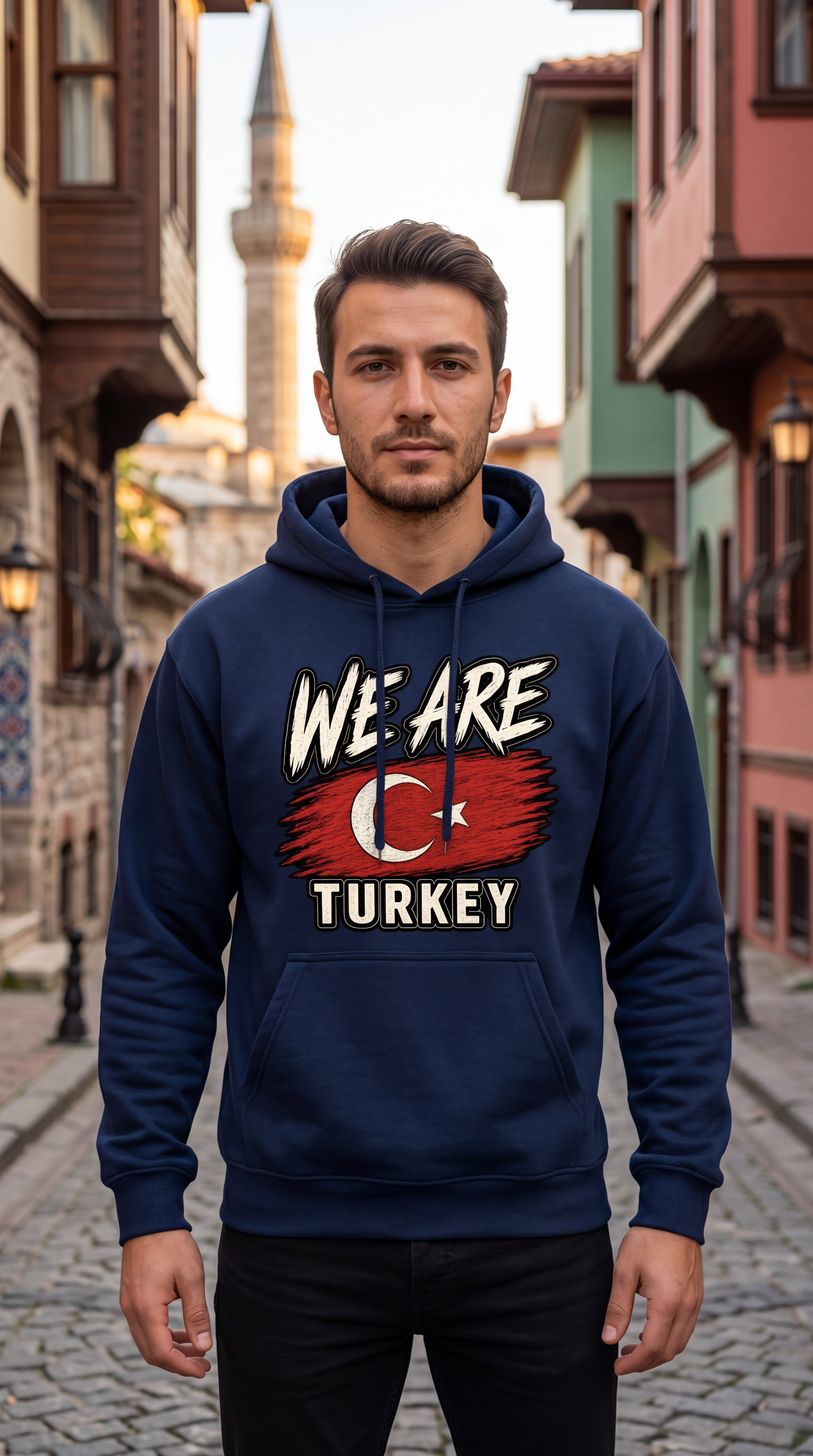 A man wearing a navy blue hoodie with a graphic print that reads 'WE ARE TURKEY' and features a stylized Turkish flag, standing in a cobblestone street with historic buildings in the background.