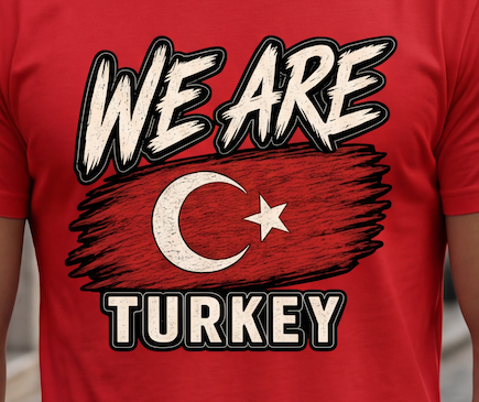 A red short-sleeve t-shirt featuring a graphic print with the text 'WE ARE TURKEY' and a stylized Turkish flag design in the center.