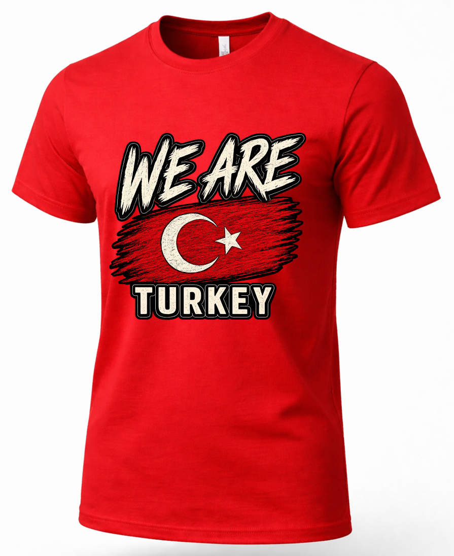A red short-sleeve crewneck t-shirt featuring a distressed graphic print of the Turkish flag and the text 'WE ARE TURKEY' in white with black outlines.