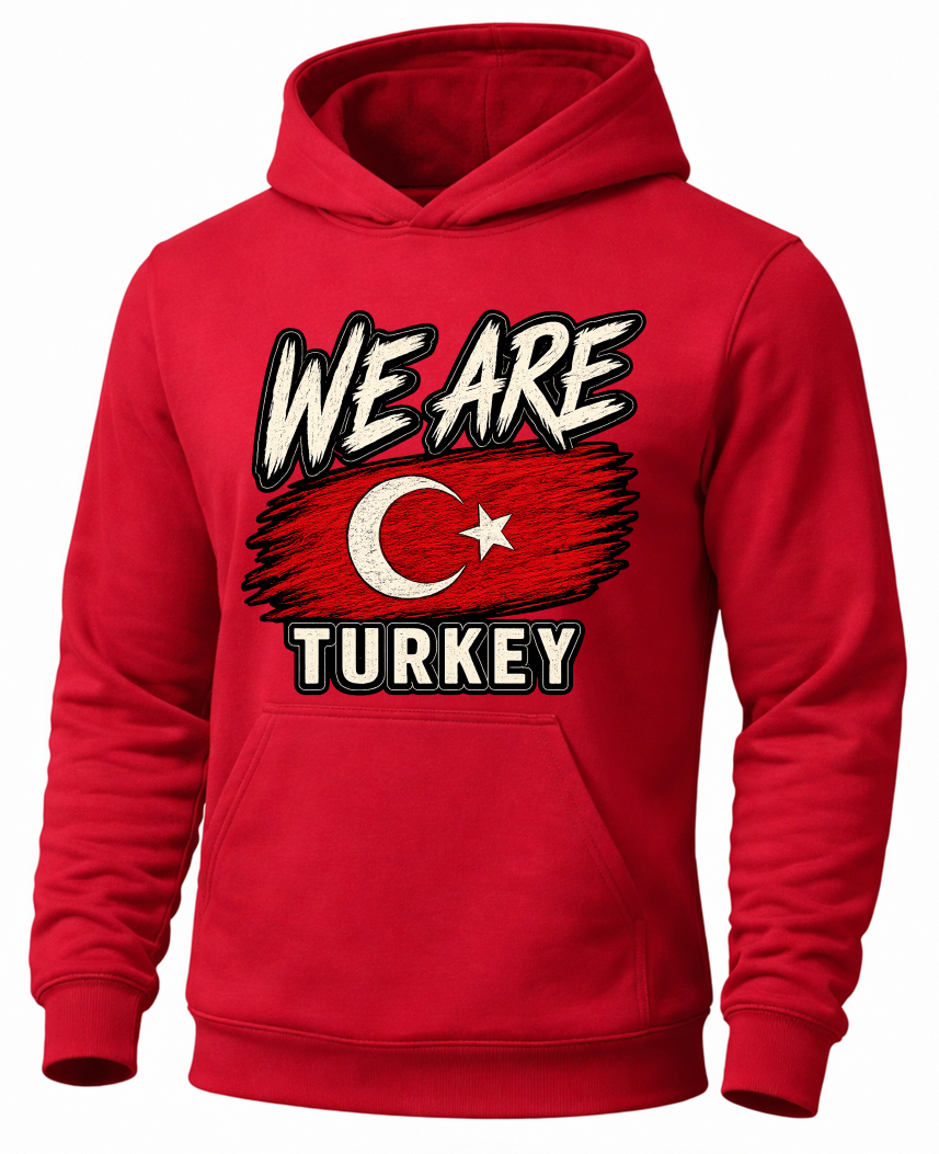 A red pullover hoodie featuring a distressed graphic print on the front with the text 'WE ARE' above a stylized Turkish flag and 'TURKEY' below.