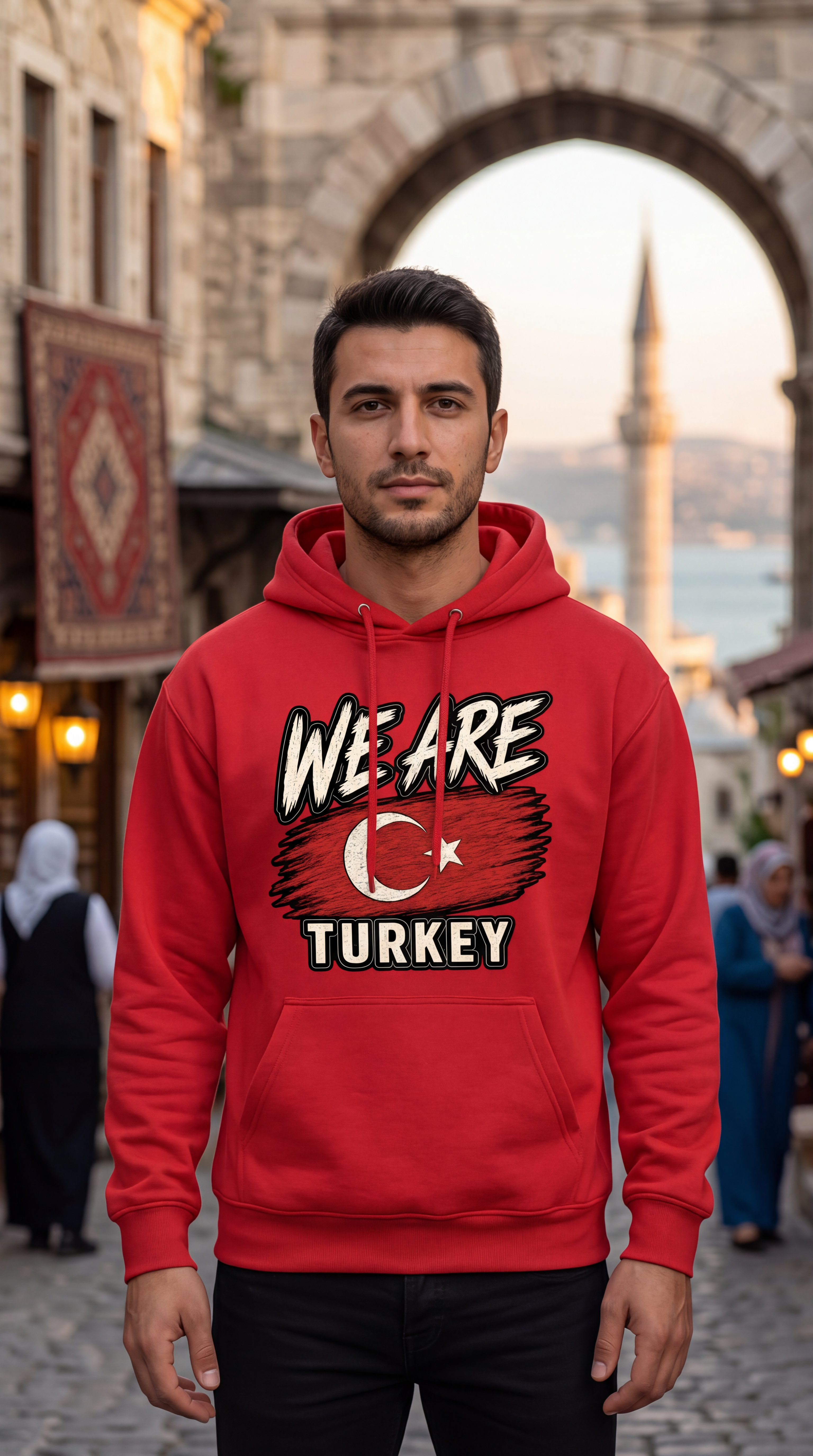 A man wearing a red hoodie with a 'WE ARE TURKEY' graphic featuring the Turkish flag, standing in front of a stone archway and minaret in Istanbul.
