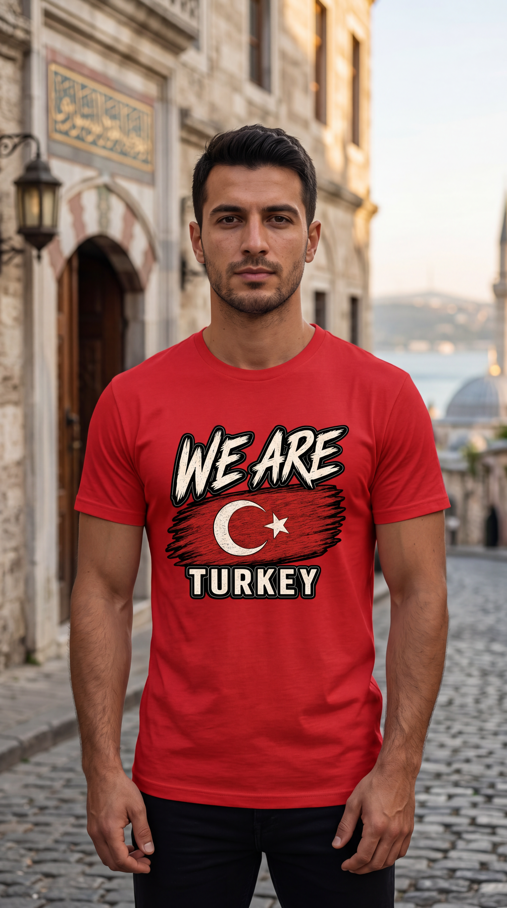 A man wearing a red graphic t-shirt with 'WE ARE TURKEY' and a Turkish flag design, standing on a cobblestone street in front of historic buildings.